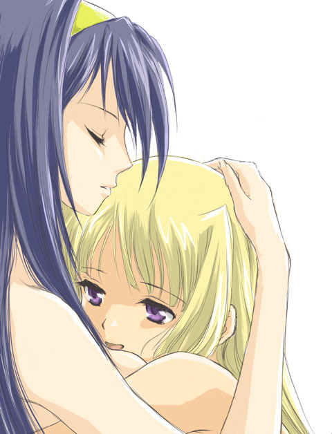 fujimaru (kinakomucch), josei nyoshou, himemiya chikane, kurusugawa himeko, kannazuki no miko, 00s, 2girls, between breasts, blonde hair, blue hair, breasts, close-up, closed eyes, couple, hairband, hand on another's head, hug, multiple girls, nude, open mouth, profile, purple eyes, simple background, yuri