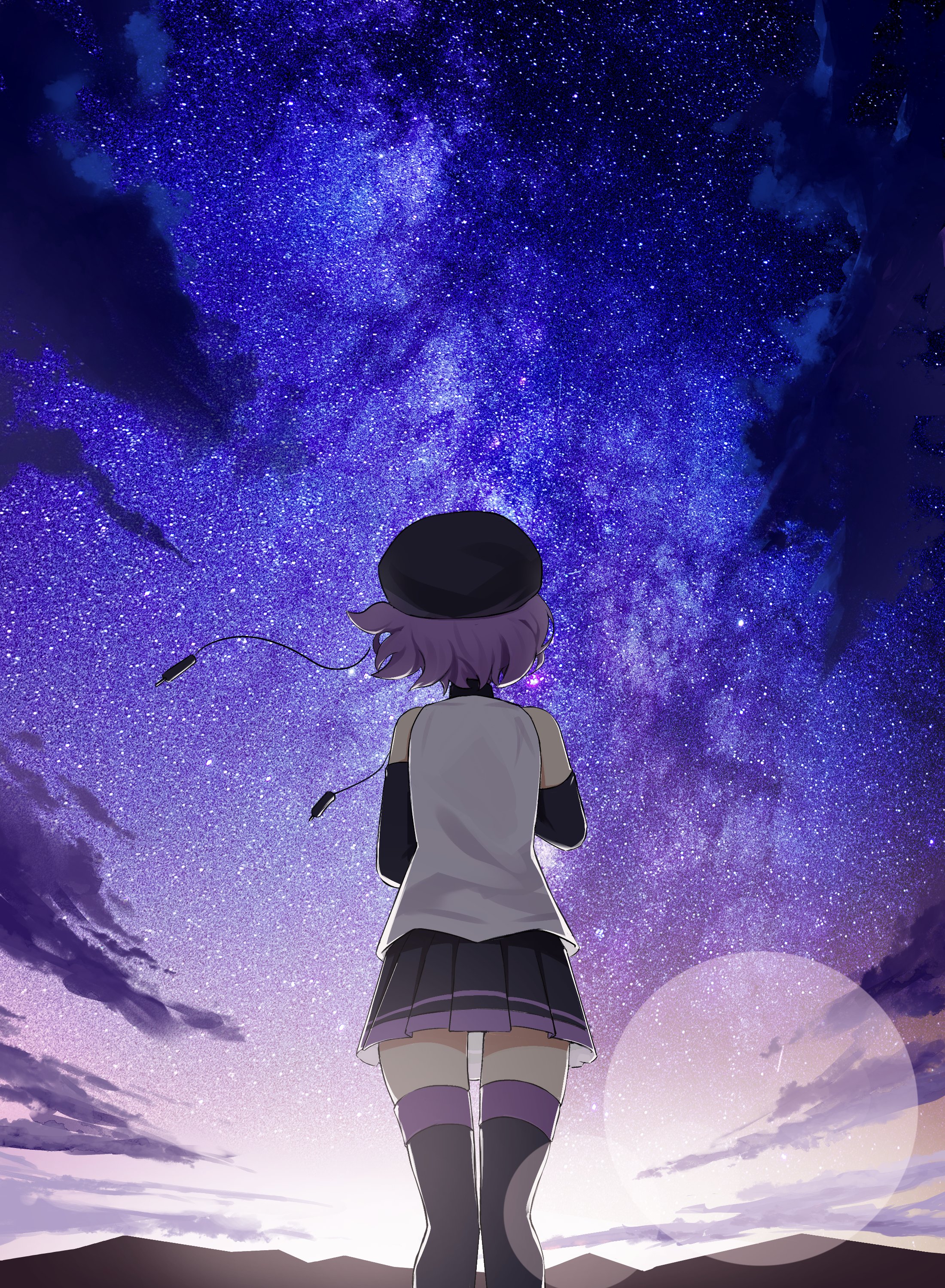 utane uta, utau, facing up, absurdres, commentary, highres, 0w0 (artist), 1girl, bare shoulders, beret, black boots, black hat, black skirt, black sleeves, boots, collared shirt, contrast collar, detached sleeves, from behind, hat, miniskirt, outdoors, purple hair, purple sky, purple trim, shirt, short hair, skirt, sky, sleeveless, sleeveless shirt, star (sky), starry sky, thigh boots, thighhighs, very short hair, white shirt, zettai ryouiki