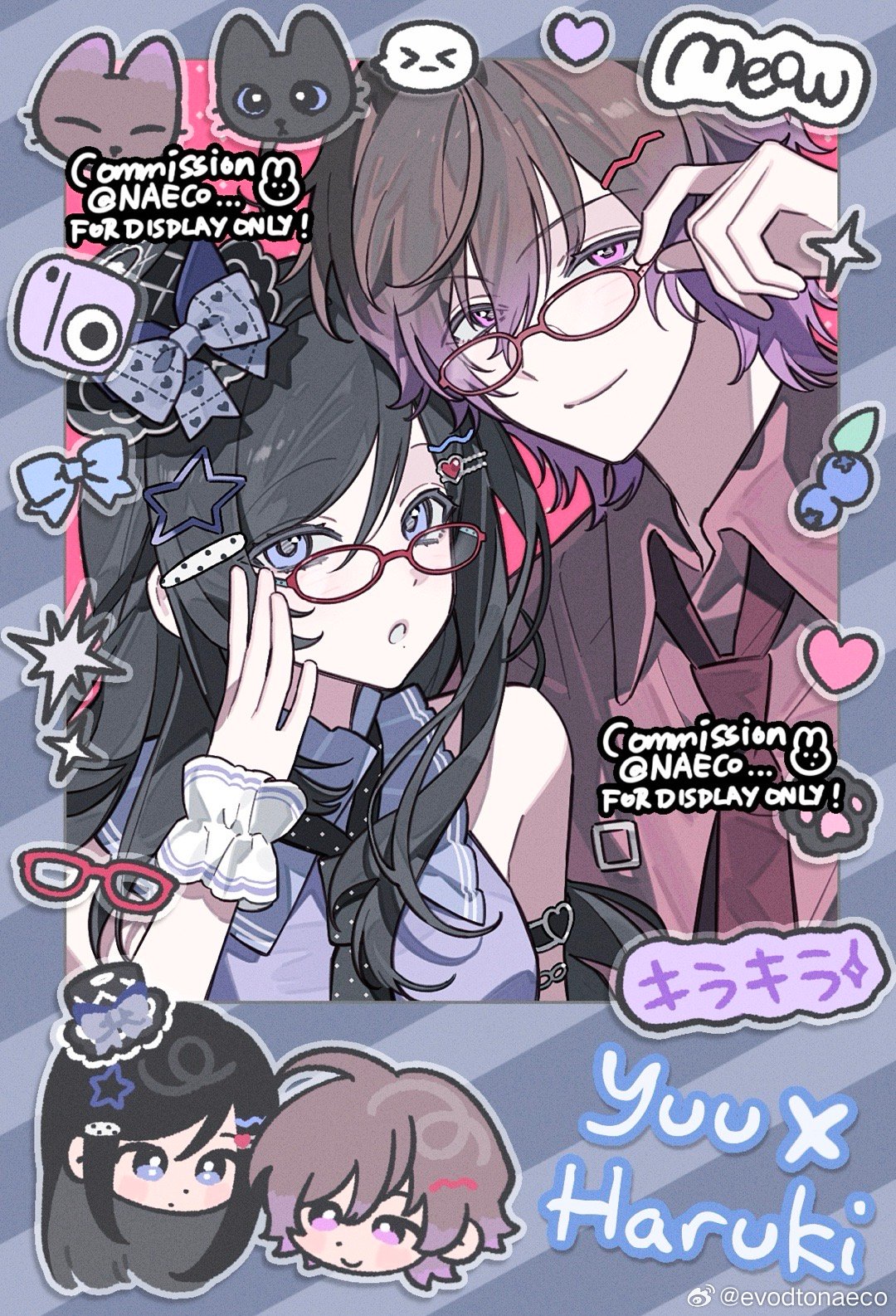 evodtonaeco, character request, commentary request, copyright request, highres, bare shoulders, black-framed eyewear, blush, bow, flower, glasses, hair ornament, looking at viewer, multiple girls, purple eyes