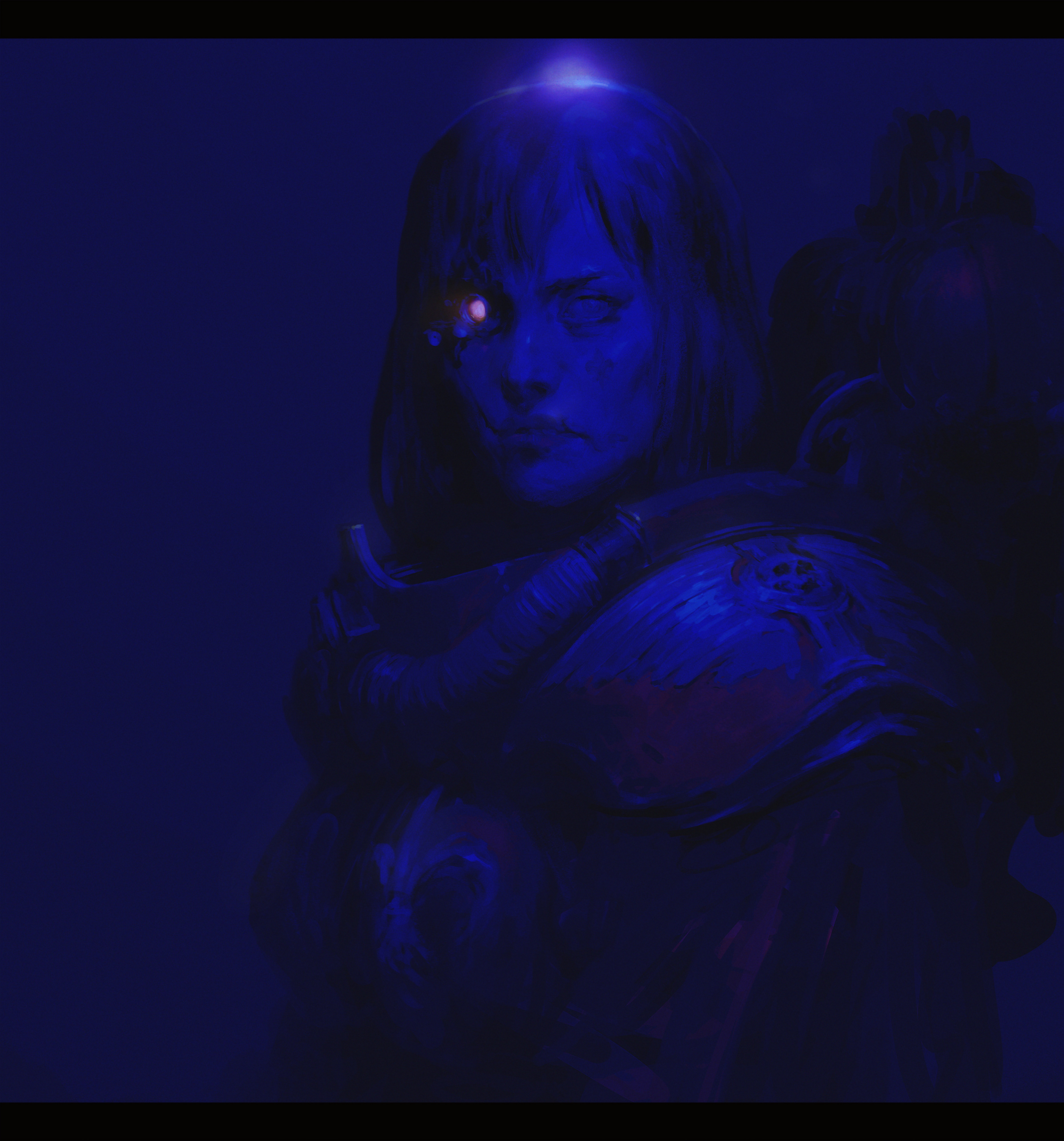 igor sid, adepta sororitas, warhammer 40k, absurdres, highres, 1girl, armor, artificial eye, blue theme, closed mouth, dark, glowing, glowing eye, letterboxed, looking at viewer, mechanical eye, medium hair, nose, power armor, realistic, scar, scar on face, science fiction, serious, single mechanical eye, solo, upper body