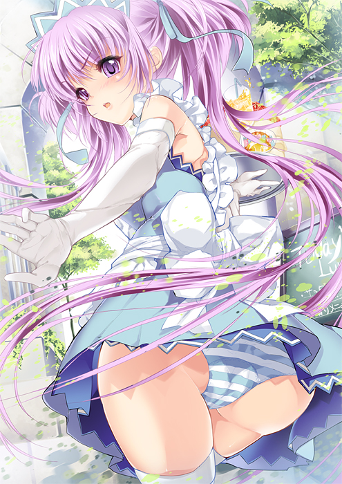 yu (bkks), original, bad id, bad pixiv id, apron, blush, bow, cowboy shot, elbow gloves, gloves, long hair, looking back, maid, maid apron, panties, ponytail, purple eyes, purple hair, solo, striped clothes, striped panties, tray, underwear, very long hair