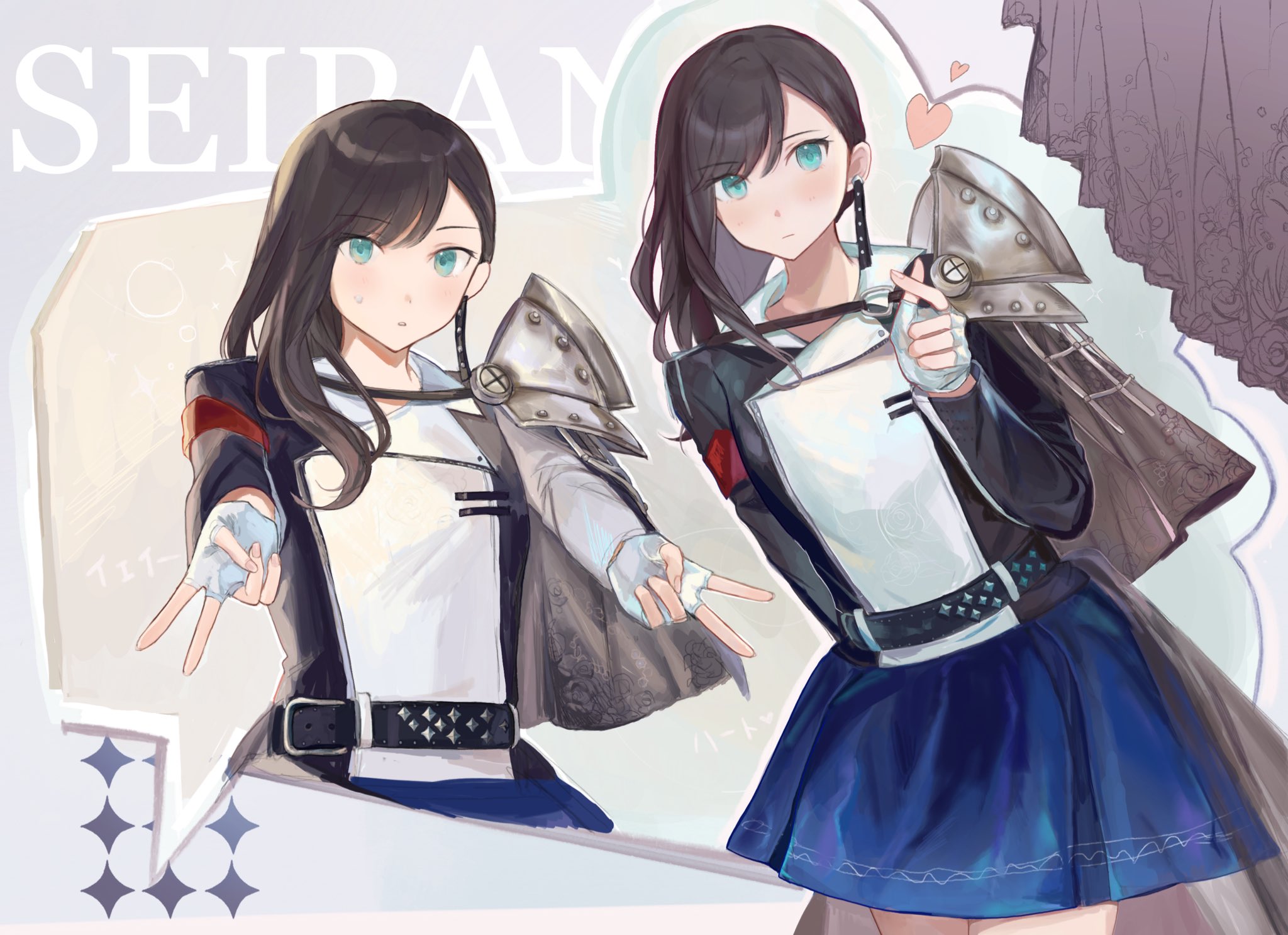 sukuuyu, yanagi koharu, shoujo kageki revue starlight, commentary, highres, translated, 1girl, aqua background, aqua eyes, arm at side, armband, armor, asymmetrical bangs, belt, black belt, black hair, black jacket, blue skirt, blush, brown background, capelet, closed mouth, cowboy shot, curtains, double gyaru v, double v, earrings, finger heart, fingerless gloves, floral print, gloves, gradient background, grey background, grey capelet, group name, gyaru v, hair behind ear, hair over shoulder, hand up, hands up, heart, jacket, jewelry, leaning to the side, long hair, long sleeves, looking at viewer, miniskirt, multicolored jacket, multiple views, outstretched arms, parted lips, pauldrons, print capelet, red armband, shoulder armor, side capelet, single earring, single pauldron, skirt, sparkle background, standing, studded belt, sweatdrop, two-tone jacket, upper body, v, waist cape, white gloves, white jacket