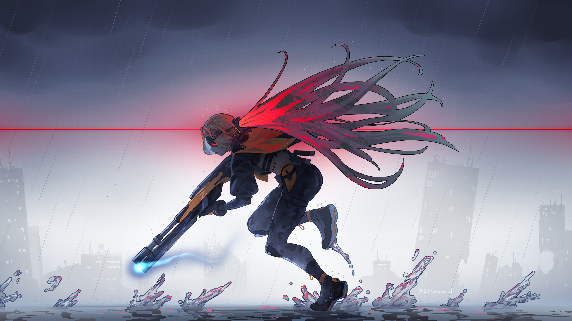 shirakawafel, trigger (zenless zone zero), zenless zone zero, highres, 1girl, blindfold mask, blonde hair, building, camouflage, camouflage pants, cape, closed mouth, cloud, cloudy sky, floating hair, from side, full body, glowing, glowing mask, gun, head-mounted display, holding, holding gun, holding weapon, leaning forward, light trail, long hair, mask, outdoors, pants, ponytail, profile, rain, ruins, running, science fiction, shoes, sky, solo, splashing, twitter username, very long hair, weapon, wet ground, yellow cape