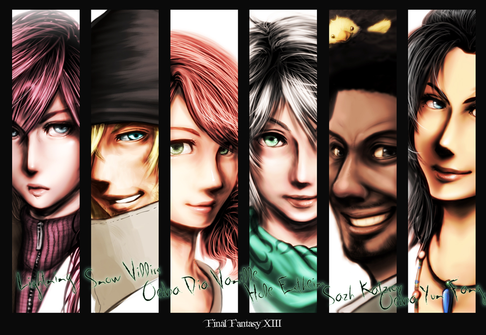 hope estheim, lightning farron, oerba dia vanille, oerba yun fang, sazh katzroy, snow villiers, final fantasy, final fantasy xiii, bad id, bad pixiv id, 10s, 3boys, 3girls, everyone, multiple boys, multiple girls