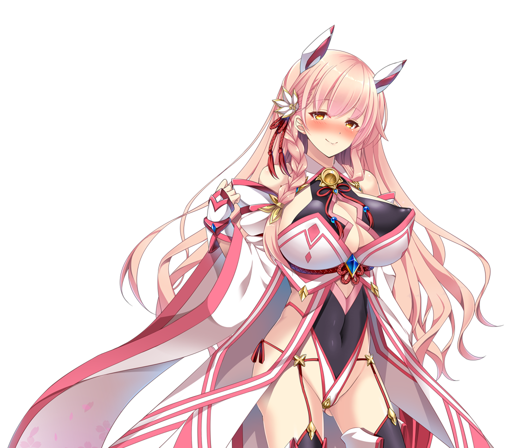 chikubi (artist), kusarou, morita ouka, mahou shoujo inori, game cg, large variant set, non-web source, official art, variant set, 1girl, bare shoulders, bell, black thighhighs, blush, braid, breasts, cleavage, closed mouth, clothing cutout, covered erect nipples, covered navel, cowboy shot, detached sleeves, fingerless gloves, flower, garter straps, gloves, hair flower, hair ornament, hair ribbon, headgear, highleg, highleg leotard, huge breasts, japanese clothes, jingle bell, leotard, long hair, long sleeves, looking at viewer, magical girl, mechanical ears, nose blush, orange eyes, pink hair, ribbon, side braid, smile, solo, standing, thighhighs, transparent background, wide sleeves, yellow eyes