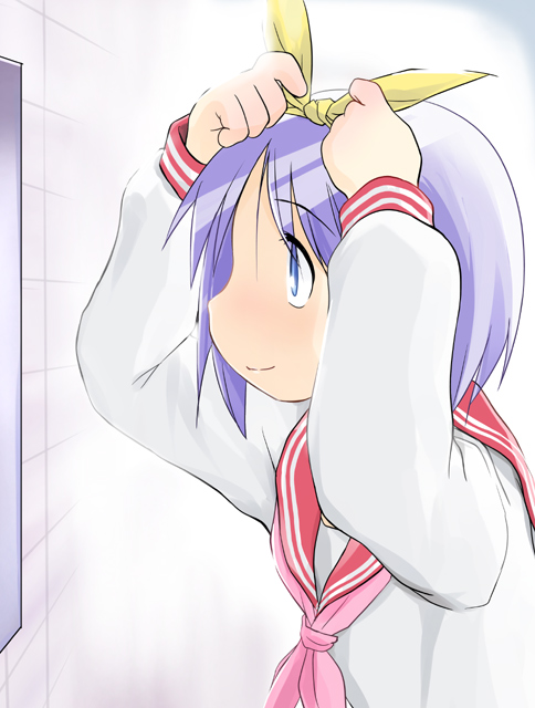 wancho, hiiragi tsukasa, kadokawa shoten, lucky star, 00s, blue eyes, hair ribbon, mirror, purple hair, ribbon, school uniform, serafuku, short hair, solo, tying