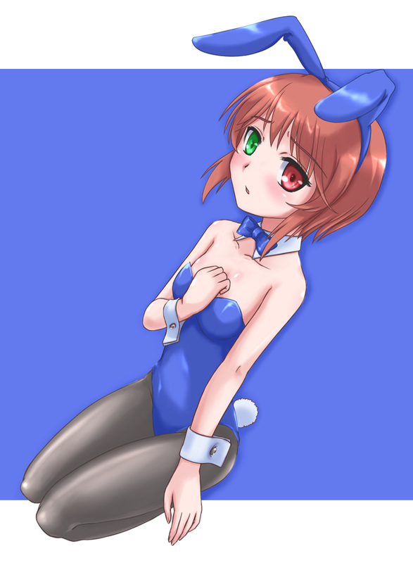 kurai (cry), souseiseki, rozen maiden, 00s, animal ears, brown hair, fake animal ears, heterochromia, kneeling, pantyhose, playboy bunny, rabbit ears, short hair, solo