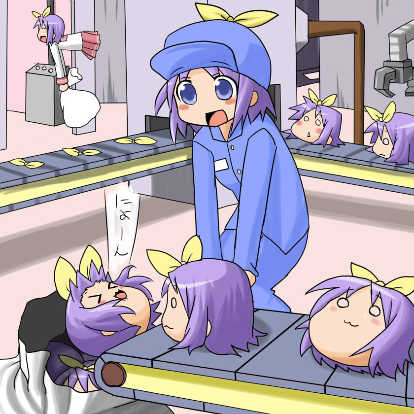kanizawa, kanizawa kinu, unyoon (koorin), hiiragi tsukasa, lucky star, 00s, 1girl, hair ribbon, purple hair, ribbon, short hair, what