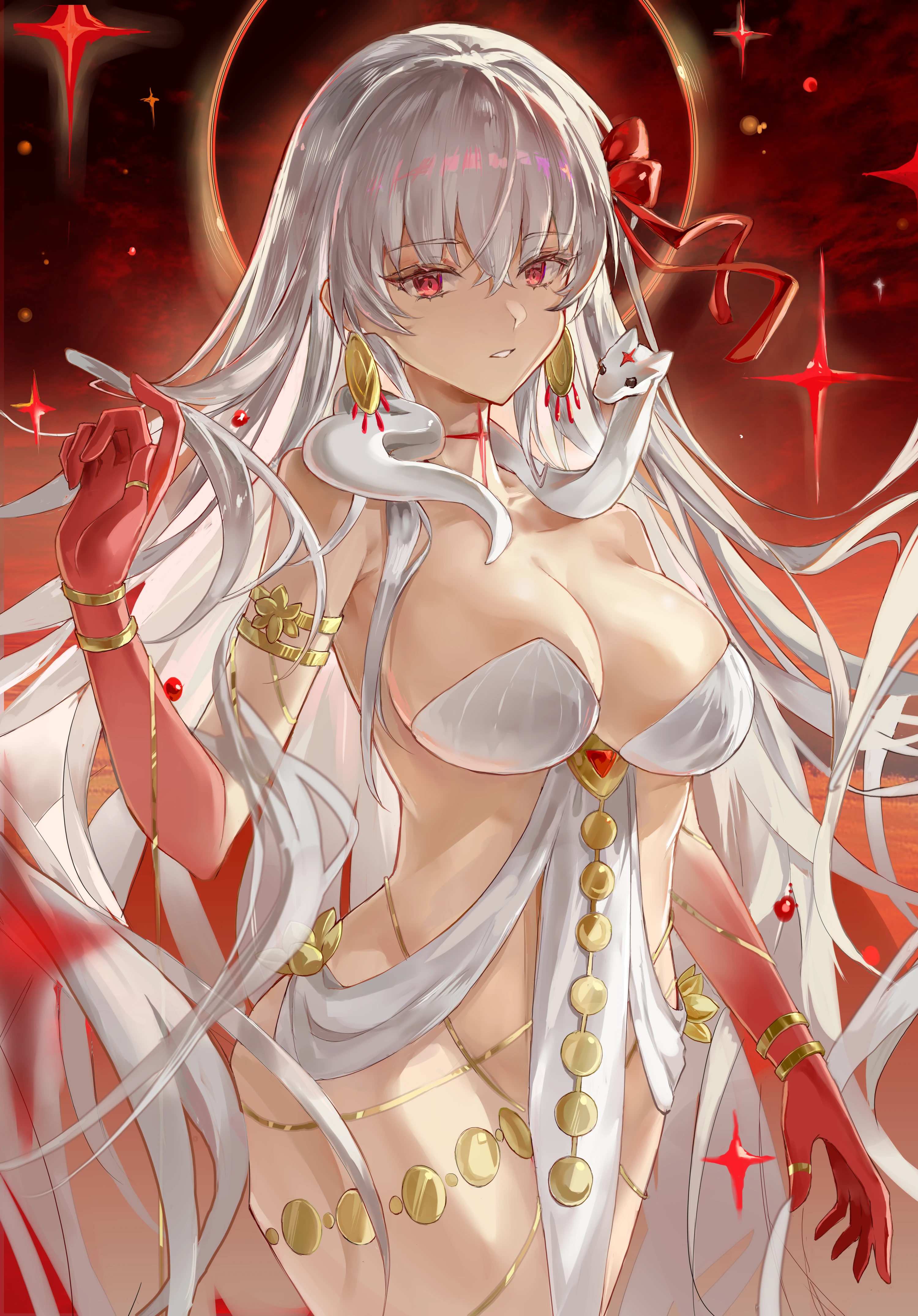 durga (fate), durga (first ascension) (fate), fate/grand order, fate (series), absurdres, artist request, chinese commentary, commentary request, highres, 1girl, bracelet, breasts, cleavage, earrings, jewelry, large breasts, long hair, red eyes, revealing clothes, ribbon, snake, solo, very long hair