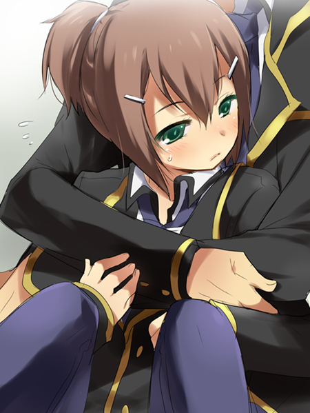 kl (dgzonbi), kinoshita hideyoshi, baka to test to shoukanjuu, 1boy, androgynous, blush, brown hair, green eyes, hair ornament, hairclip, hug, male focus, ponytail, school uniform, solo focus, trap, yaoi