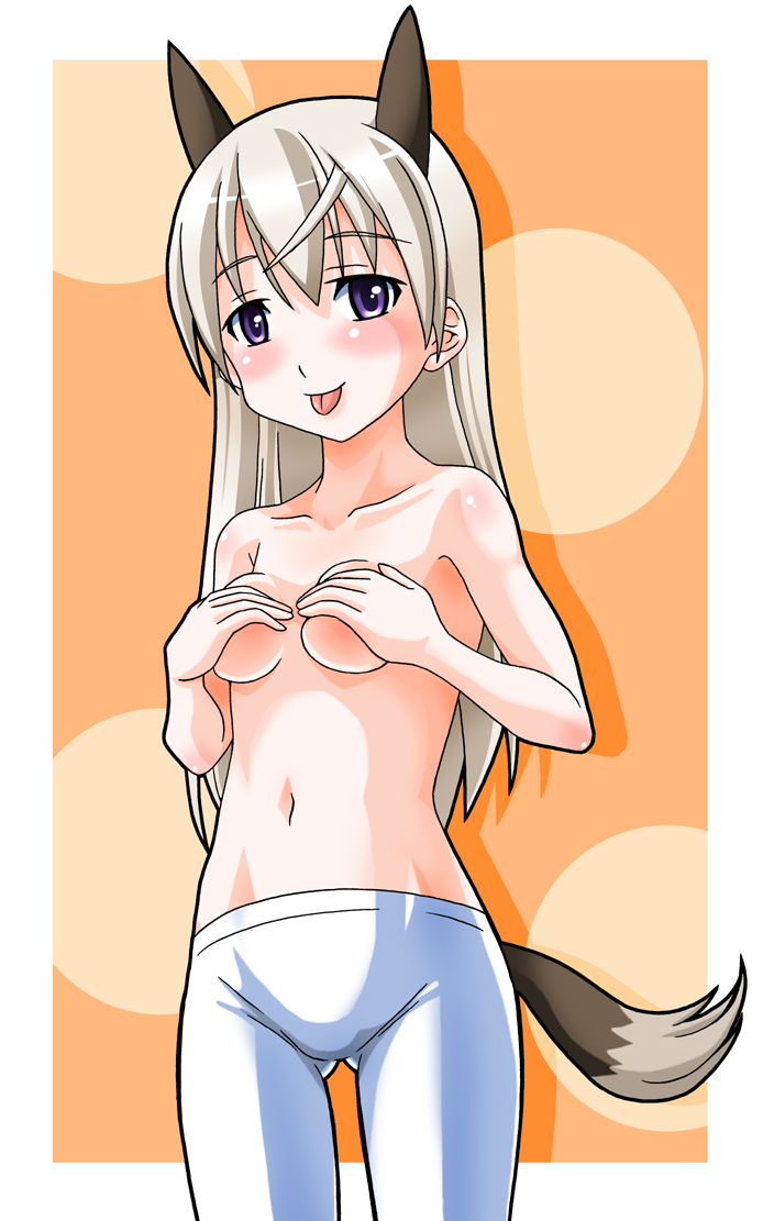doku donguri, eila ilmatar juutilainen, strike witches, world witches series, 1girl, animal ears, blonde hair, blush, breasts, covering breasts, covering privates, female focus, long hair, navel, pantyhose, purple eyes, smile, solo, tail, tongue, topless female, white pantyhose