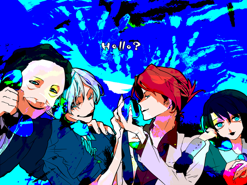 amakusa juuza, gouda toshirou, shannon (umineko), ushiromiya battler, 07th expansion, no naku koro ni (series), umineko no naku koro ni, silver hair, aqua eyes, black hair, crazy eyes, formal clothes, maid, necktie, phone, red hair, smile, suit