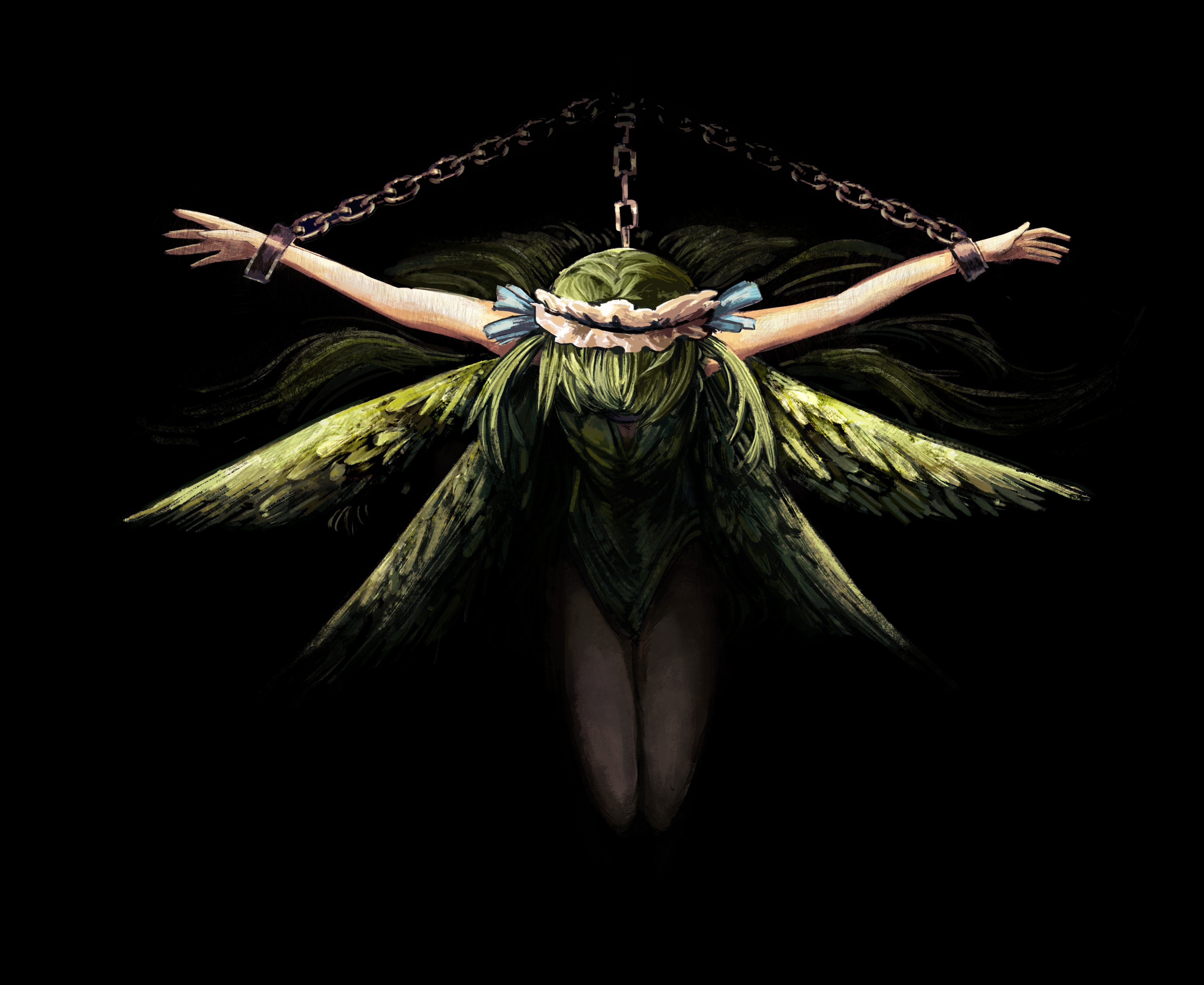 muddy mood, leaf (black souls), black souls, absurdres, commentary request, highres, 1girl, black background, breasts, chained wrists, cleavage, fairy, fairy wings, green eyes, green hair, green leotard, green wings, leotard, long hair, maid headdress, pointy ears, solo, wings