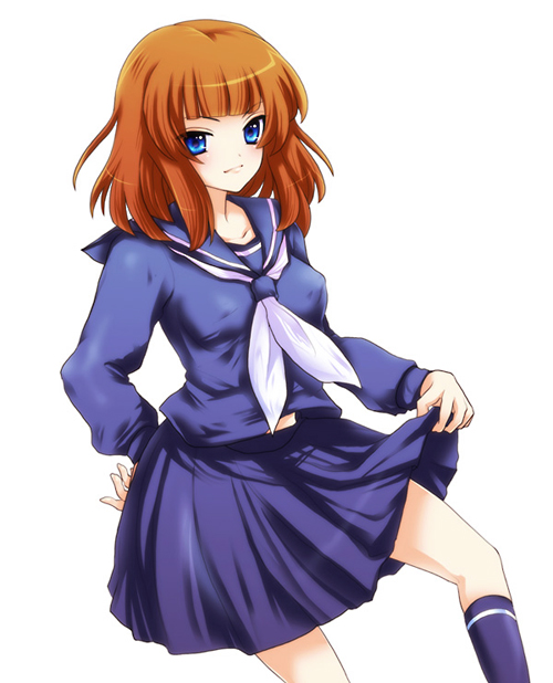 ushiromiya eva, umineko no naku koro ni, blue eyes, kneehighs, orange hair, school uniform, short hair, skirt, socks