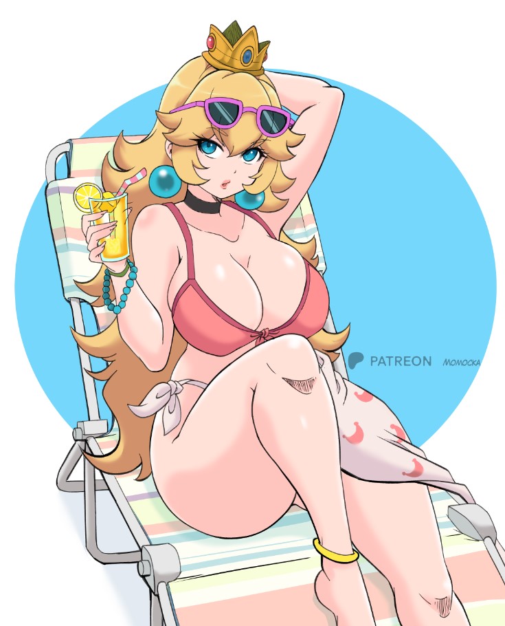 momocka-art, princess peach, mario (series), nintendo, 1girl, anklet, arm behind head, arm up, barefoot, beach chair, bikini, blonde hair, blue eyes, bracelet, breasts, chair, choker, cleavage, collarbone, crescent print, crown, cup, drink, drinking glass, drinking straw, earrings, eyewear on head, food, fruit, holding, holding cup, holding drink, jewelry, large breasts, lemon, lemon slice, long hair, looking at viewer, open mouth, pearl bracelet, pearl earrings, pink bikini, power moon, princess, print sarong, sarong, sitting, sunglasses, sunglasses on head, swimsuit, tropical drink, white background, white sarong