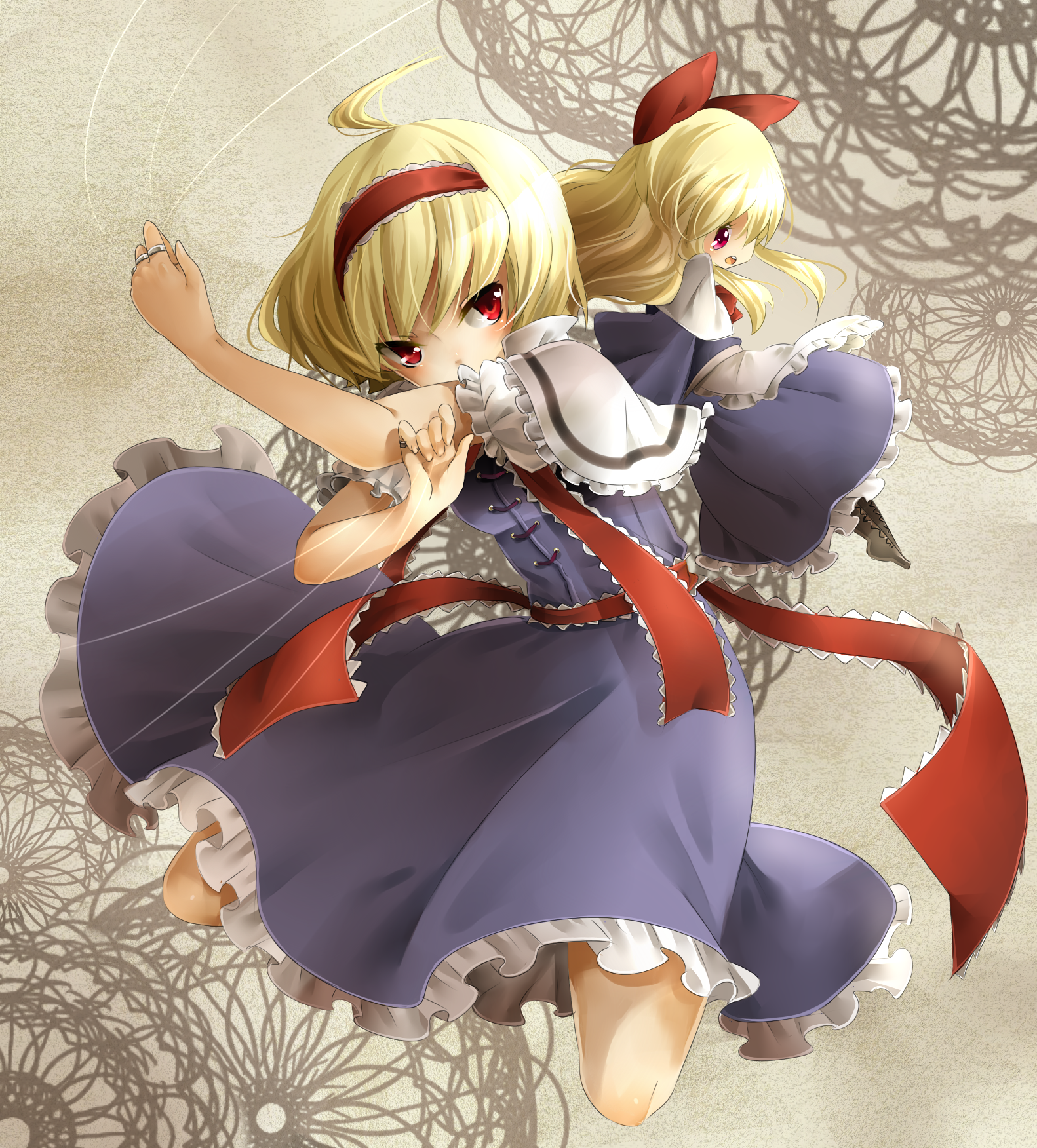 rojiko, alice margatroid, shanghai doll, touhou, highres, 2girls, blonde hair, doll, female focus, full body, hairband, long hair, multiple girls, red eyes, short hair, solo