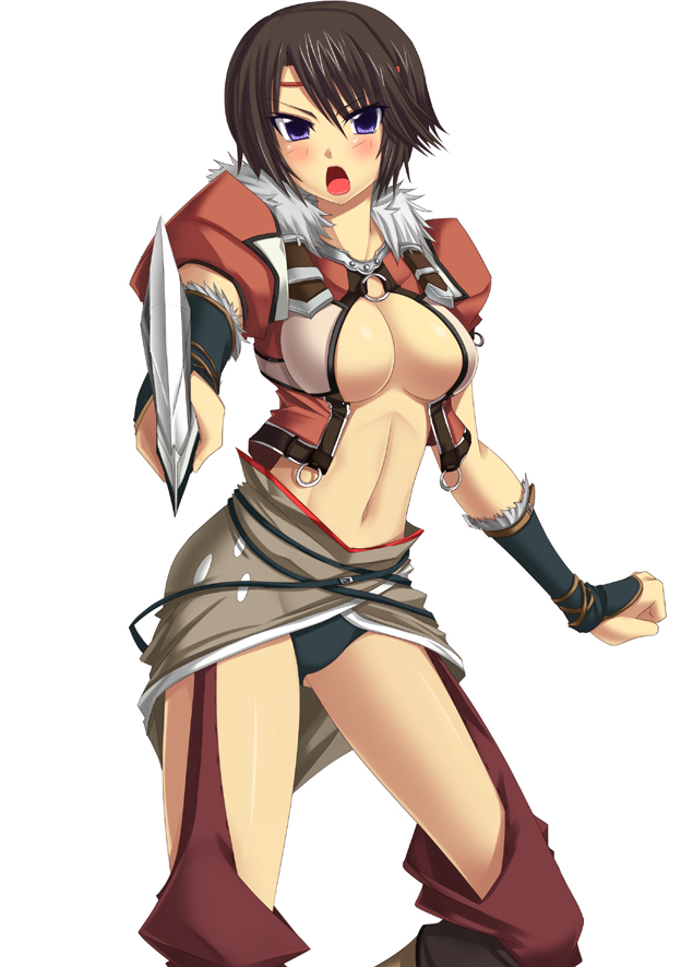 darkmaya, arthur (tears to tiara), tears to tiara, 1girl, blush, breasts, brown hair, cleavage, female focus, genderswap, genderswap (mtf), medium breasts, midriff, navel, open mouth, purple eyes, short hair, solo, sword, weapon