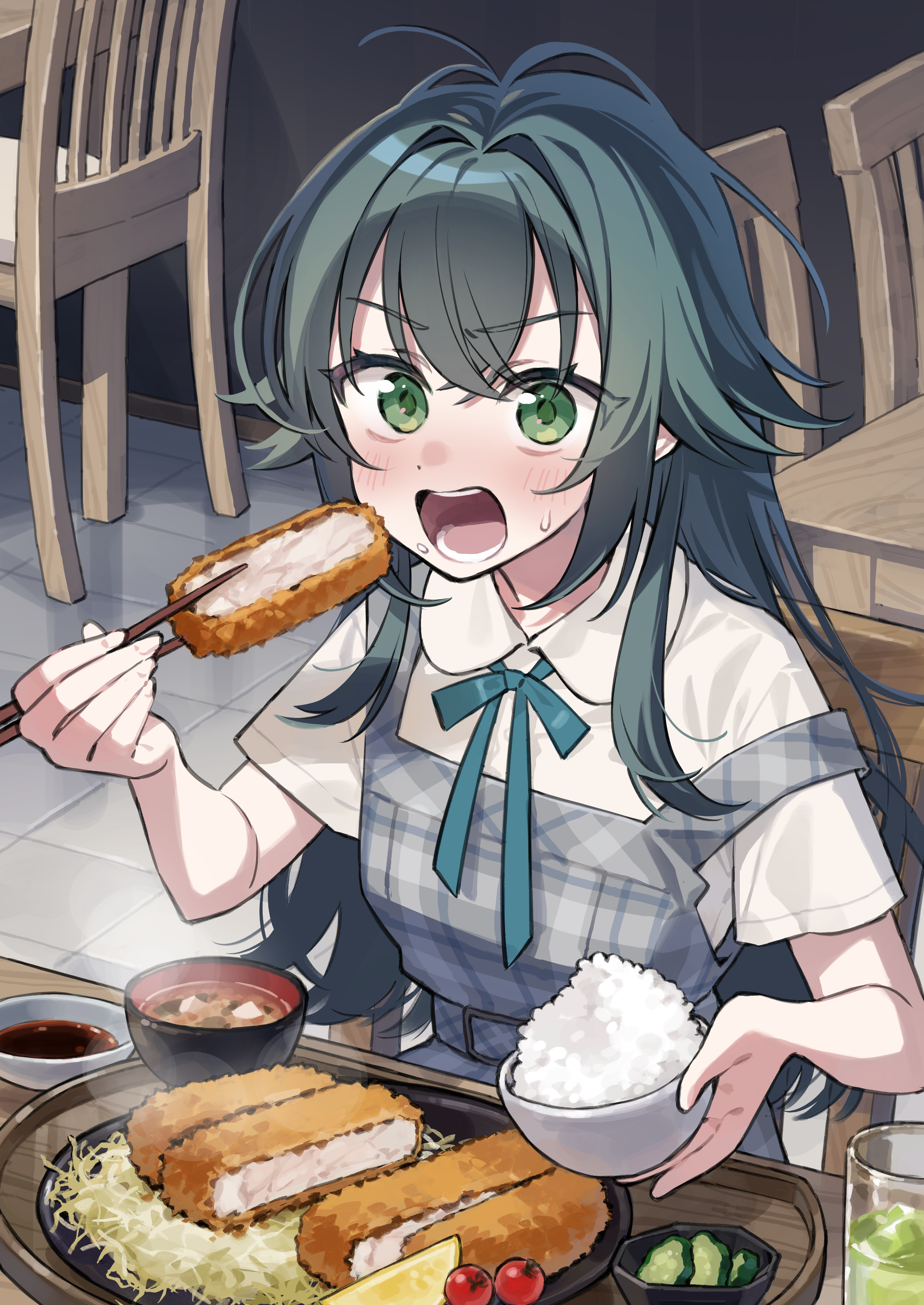 kurihara sakura, tsukimura temari, gakuen idolmaster, idolmaster, absurdres, commentary request, highres, 1girl, blue ribbon, blush, bowl, chair, chopsticks, cup, dress, eating, food, fruit, green eyes, green hair, grey dress, hair between eyes, holding, holding bowl, holding chopsticks, holding food, indoors, katsu (food), lemon, lemon slice, long hair, miso soup, neck ribbon, off shoulder, on chair, open mouth, plaid clothes, plaid dress, ribbon, rice bowl, shirt, shredded cabbage, sitting, solo, sweat, tomato, very long hair, white shirt