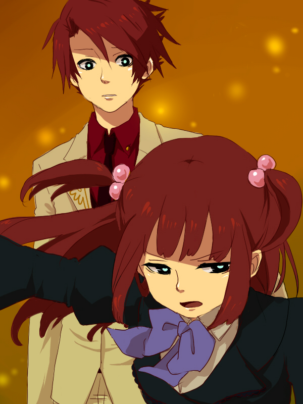 yonchi, ushiromiya ange, ushiromiya battler, umineko no naku koro ni, bad id, bad pixiv id, angry, blue eyes, bow, brother and sister, formal clothes, hair bobbles, hair ornament, necktie, protecting, red hair, siblings, suit, surprised, twintails