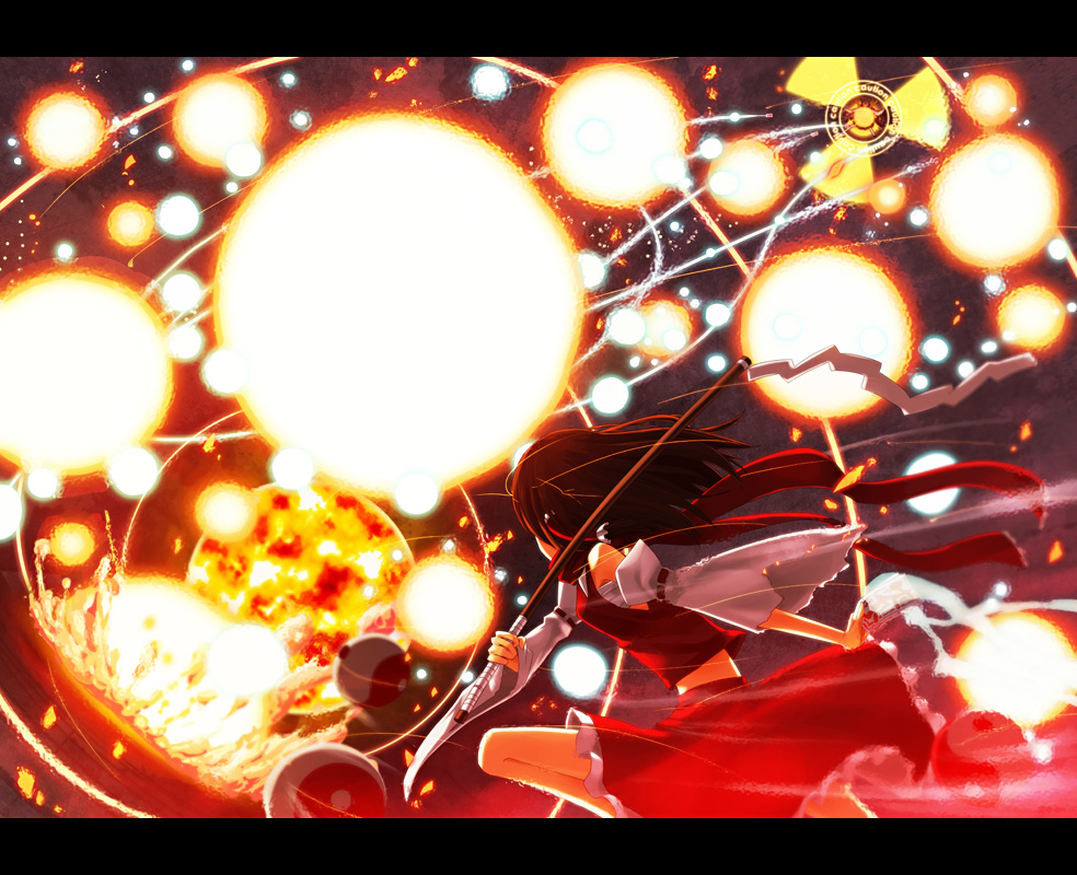 din (artist), din (flypaper), hakurei reimu, reiuji utsuho, touhou, 2girls, battle, caution, danmaku, female focus, letterboxed, multiple girls, radiation symbol