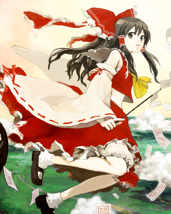 poncho (poncho), hakurei reimu, imperishable night, touhou, 1girl, black shoes, bobby socks, bow, brown eyes, brown hair, cloud, detached sleeves, female focus, floating, flying, gohei, hair bow, hair tubes, holding, japanese clothes, landscape, long hair, mary janes, miko, nontraditional miko, ofuda, red bow, red skirt, shoes, sidelocks, skirt, skirt set, socks, solo, white socks, wide sleeves