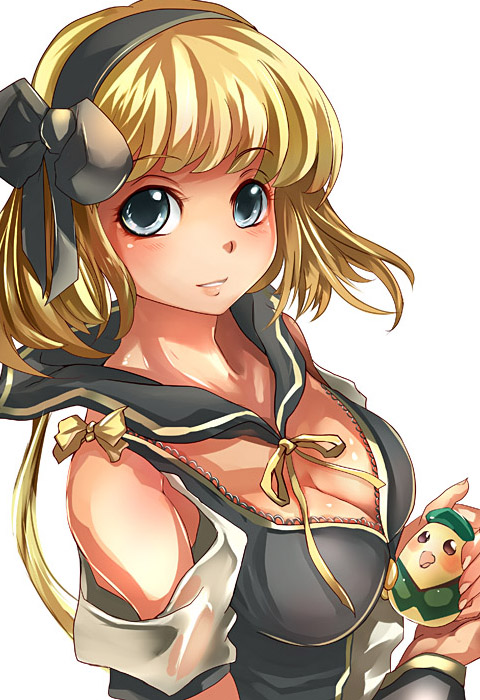 suoni (deeperocean), original, bad id, bad pixiv id, 1girl, blonde hair, bow, breasts, cleavage, female focus, hair bow, simple background, solo, white background