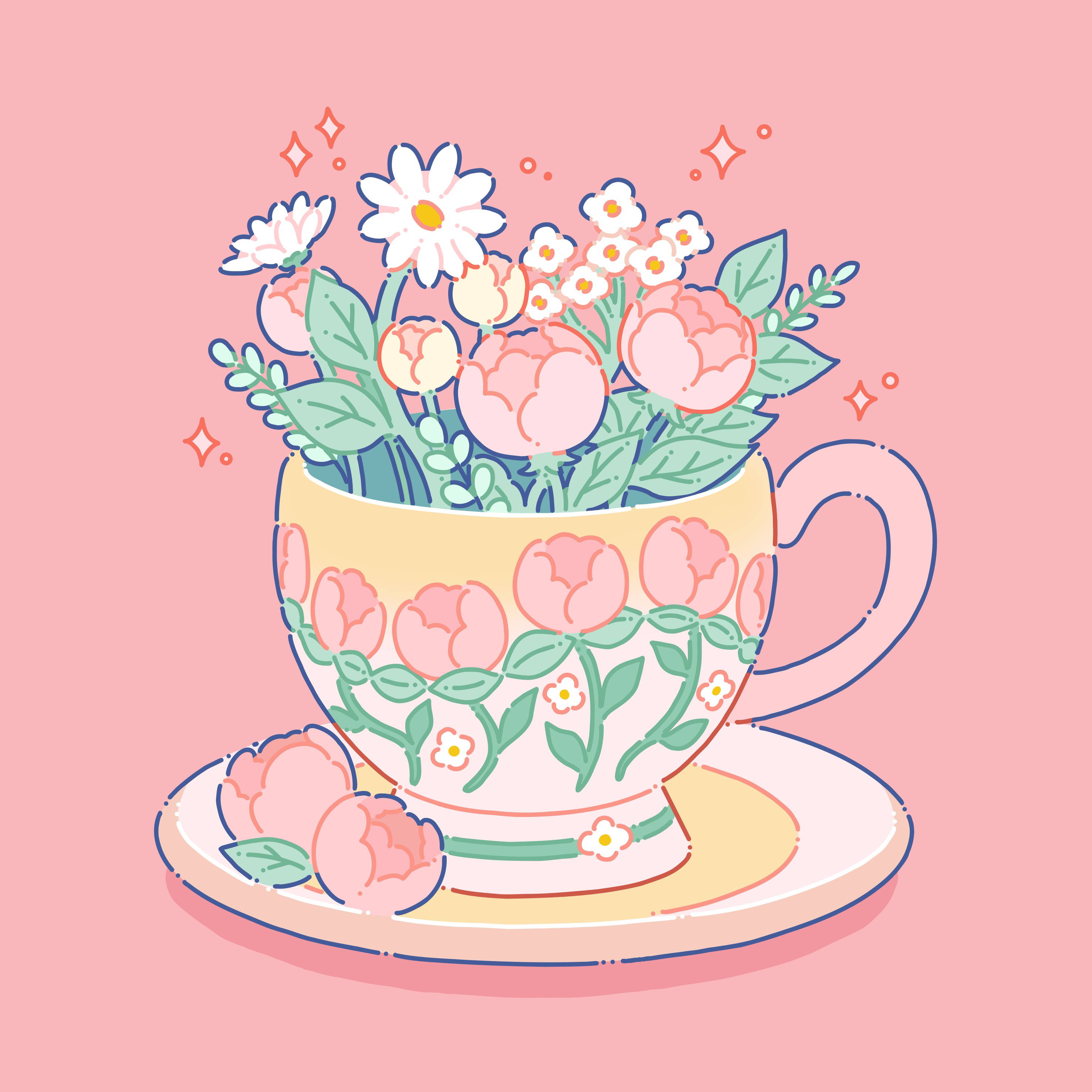 hiro046k, original, absurdres, commentary, highres, cup, flower, flower focus, leaf, no humans, pink background, pink flower, saucer, signature, simple background, sparkle, teacup, white flower