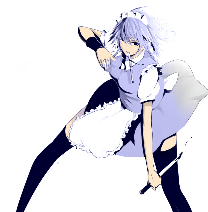 azuuri, izayoi sakuya, touhou, silver hair, bad id, bad pixiv id, 1girl, black eyes, braid, dress, female focus, knife, maid, short hair, solo, thighhighs, throwing knife, twin braids, weapon, white background