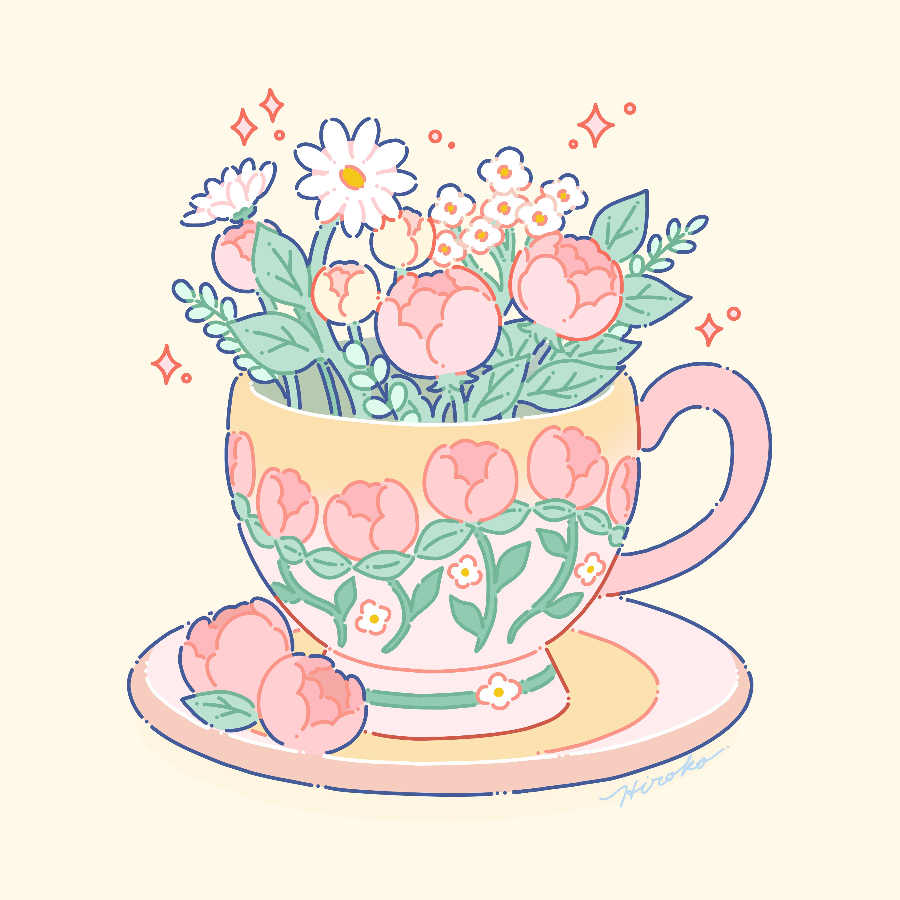 hiro046k, original, absurdres, commentary, highres, cup, flower, flower focus, leaf, no humans, pink flower, saucer, signature, simple background, sparkle, teacup, white flower, yellow background