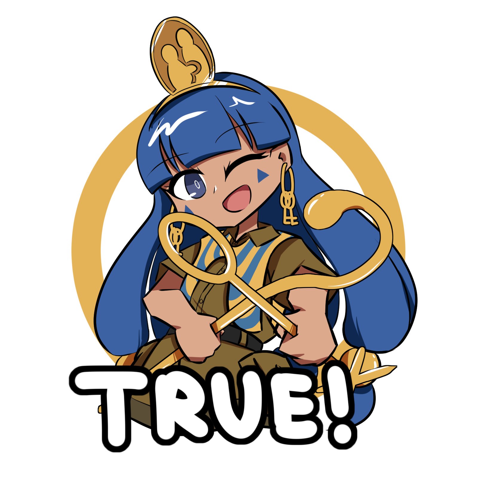 avian zebra, michigami nareko, touhou, commentary, english commentary, highres, 1girl, blue eyes, blue hair, blunt bangs, brown shirt, brown shorts, clothes writing, collared shirt, earrings, facial mark, hair ornament, holding, jewelry, key earrings, long hair, looking at viewer, one eye closed, open mouth, shirt, short sleeves, shorts, solo, triangle, triangle facial mark