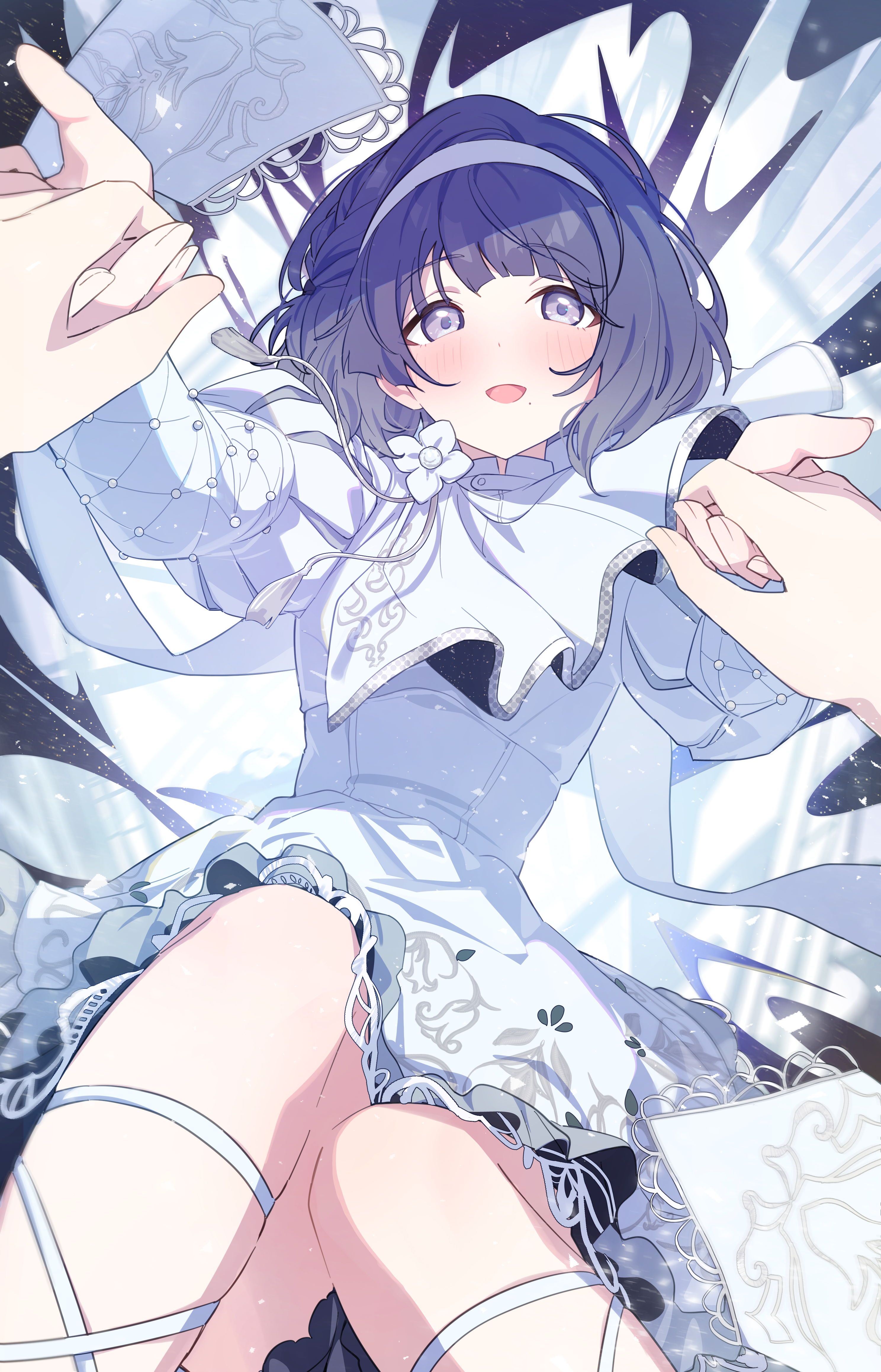 kirizuki reika, hataya misuzu, gakuen idolmaster, idolmaster, absurdres, commentary request, highres, 1girl, 1other, blue eyes, blue hair, blush, dress, hairband, holding hands, long sleeves, looking at viewer, mole, mole under mouth, official alternate costume, open mouth, pov, pov hands, short hair, smile, solo focus, white dress, white hairband