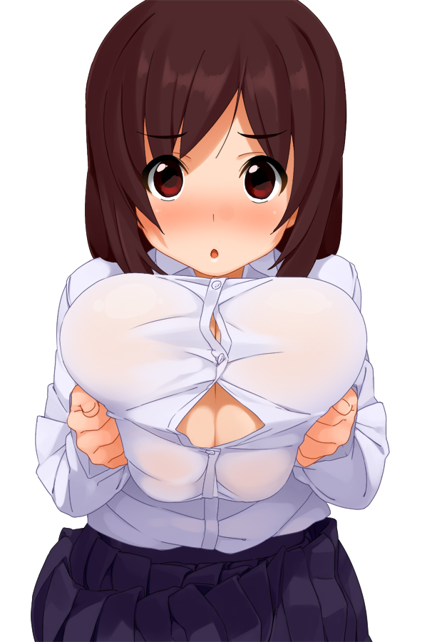 kaisen chuui, original, 1girl, blush, breast lift, breasts, breasts squeezed together, brown hair, bursting breasts, cleavage, female focus, huge breasts, imminent paizuri, looking at viewer, open mouth, paizuri invitation, pleated skirt, simple background, skirt, solo, white background