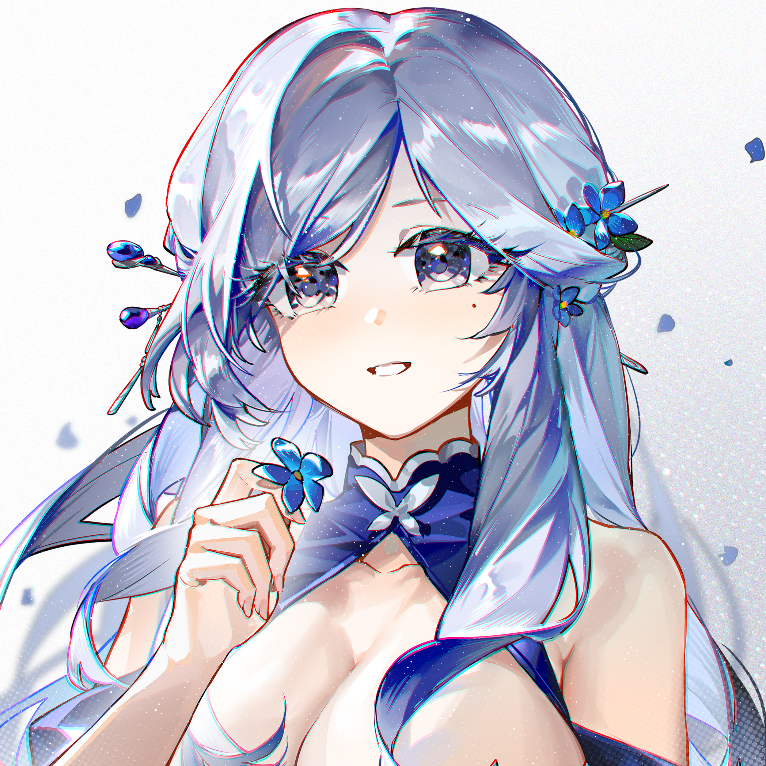 blueblossom, lenhee (kaito), original, absurdres, commentary, commission, english commentary, highres, pixiv commission, variant set, 1girl, :d, blue eyes, blue flower, blue hair, borrowed character, breasts, flower, flower ornament, hair flower, hair ornament, holding, holding flower, large breasts, long hair, looking at another, open mouth, smile, solo, white background, white hair