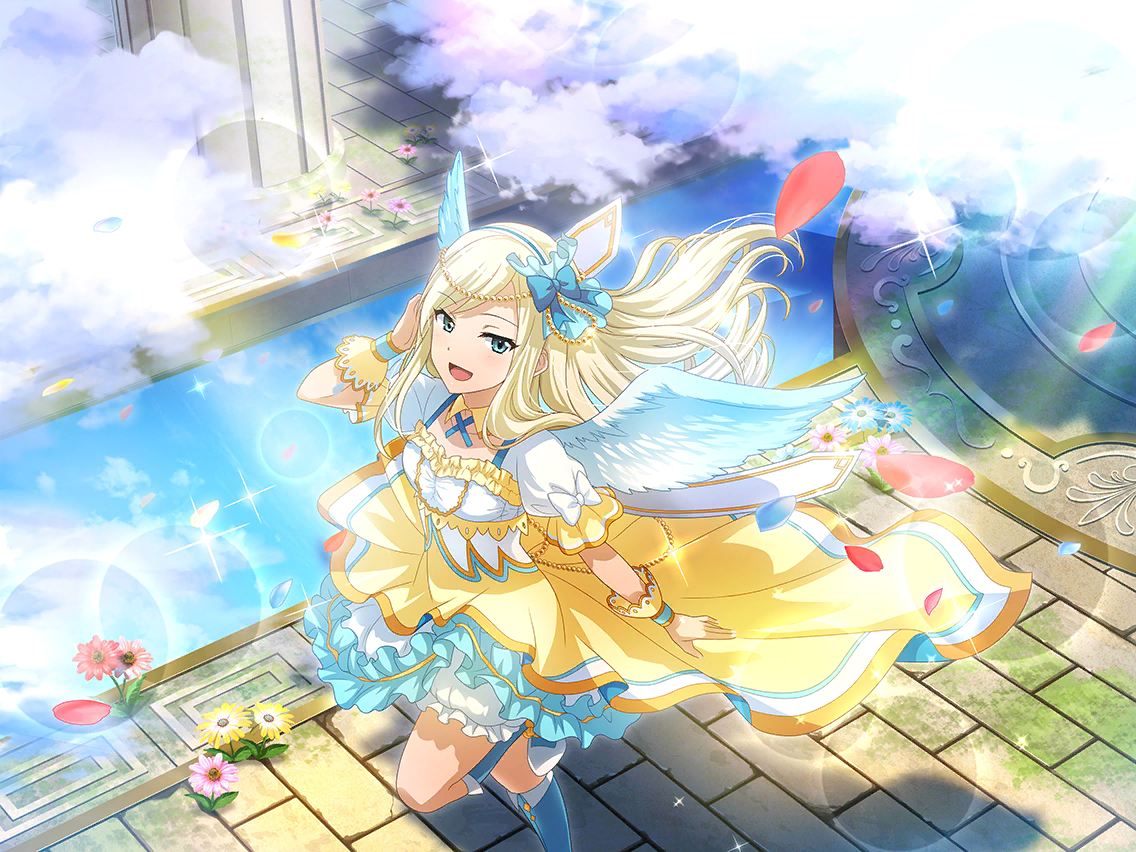 yumeoji fumi, shoujo kageki revue starlight, shoujo kageki revue starlight -re live-, flower request, game cg, official art, 1girl, angel wings, blonde hair, blue boots, blue eyes, boots, cloud, fake wings, floating hair, hair ornament, long hair, looking at viewer, open mouth, pavement, pillar, shadow, shirt, short sleeves, skirt, solo, standing, standing on one leg, water, white shirt, wings, yellow skirt
