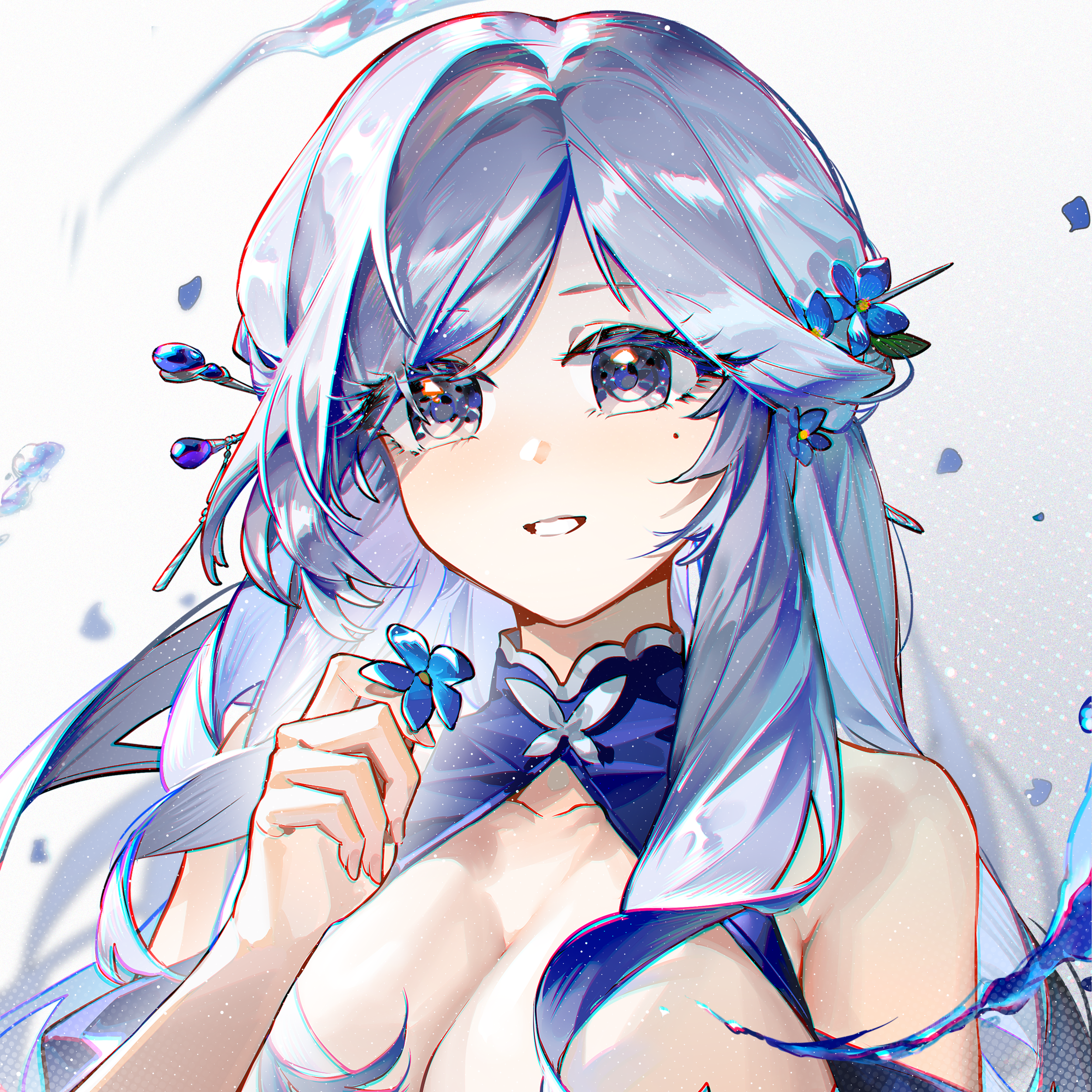 blueblossom, lenhee (kaito), original, absurdres, commentary, commission, english commentary, highres, pixiv commission, variant set, 1girl, :d, blue eyes, blue flower, blue hair, borrowed character, breasts, flower, flower ornament, hair flower, hair ornament, holding, holding flower, large breasts, long hair, looking at another, open mouth, smile, solo, white background, white hair