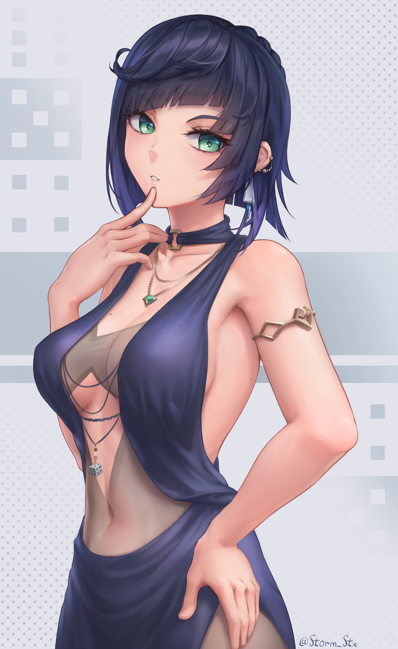 stormstx, yelan (genshin impact), genshin impact, commentary, english commentary, highres, 1girl, alternate costume, asymmetrical hair, blue hair, blunt bangs, braid, breasts, cowboy shot, diagonal bangs, dice, earrings, finger to mouth, green eyes, hand on own hip, jewelry, looking at viewer, mole, mole on breast, navel, necklace, parted lips, purple hair, see-through clothes, sideboob, sidelocks, solo, twitter username