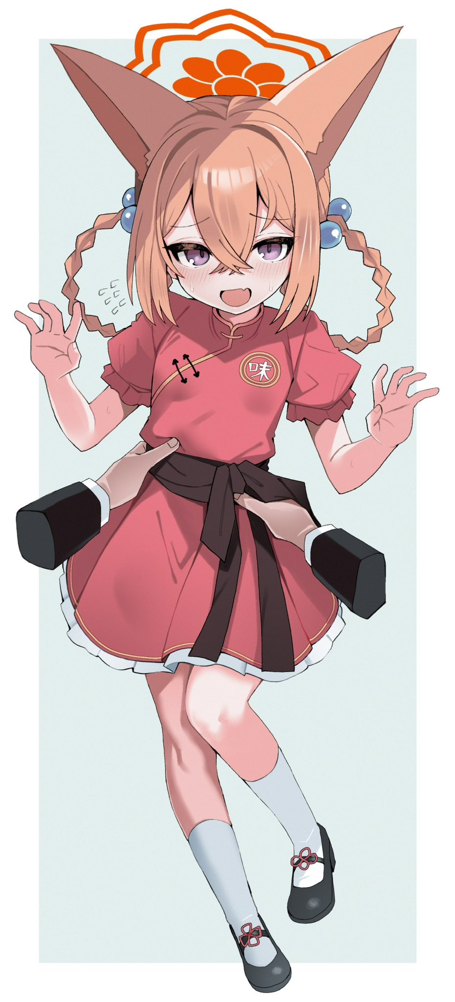 izuoku, rumi (blue archive), rumi (small) (blue archive), blue archive, commentary request, highres, 1girl, animal ears, black shoes, blush, braid, braided hair rings, breasts, brown hair, china dress, chinese clothes, crossed bangs, disembodied hand, dress, fox ears, full body, hair between eyes, hair bobbles, hair ornament, hair rings, halo, kneehighs, long hair, looking at viewer, open mouth, puffy short sleeves, puffy sleeves, purple eyes, red dress, shoes, short sleeves, small breasts, smile, socks, solo focus