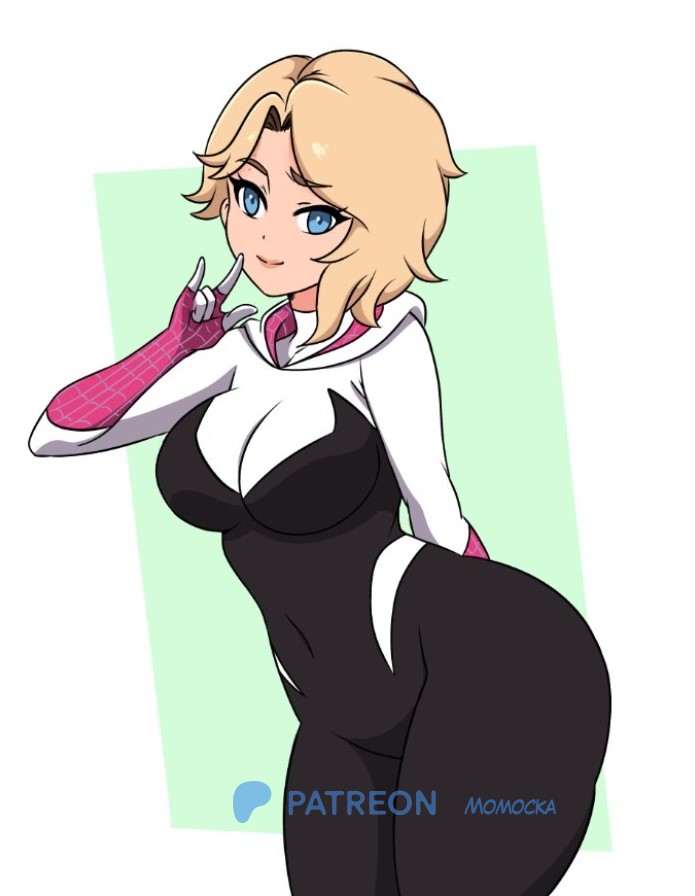 momocka-art, gwen stacy, spider-gwen, marvel, spider-man (series), spider-verse, 1girl, m/, blonde hair, blue eyes, bodysuit, breasts, gloves, hood, hooded bodysuit, looking at viewer, medium breasts, pink gloves, print bodysuit, print gloves, raised eyebrow, short hair, smile, spider web print, standing, superhero costume, thick thighs, thighs, white background, white bodysuit, wide hips