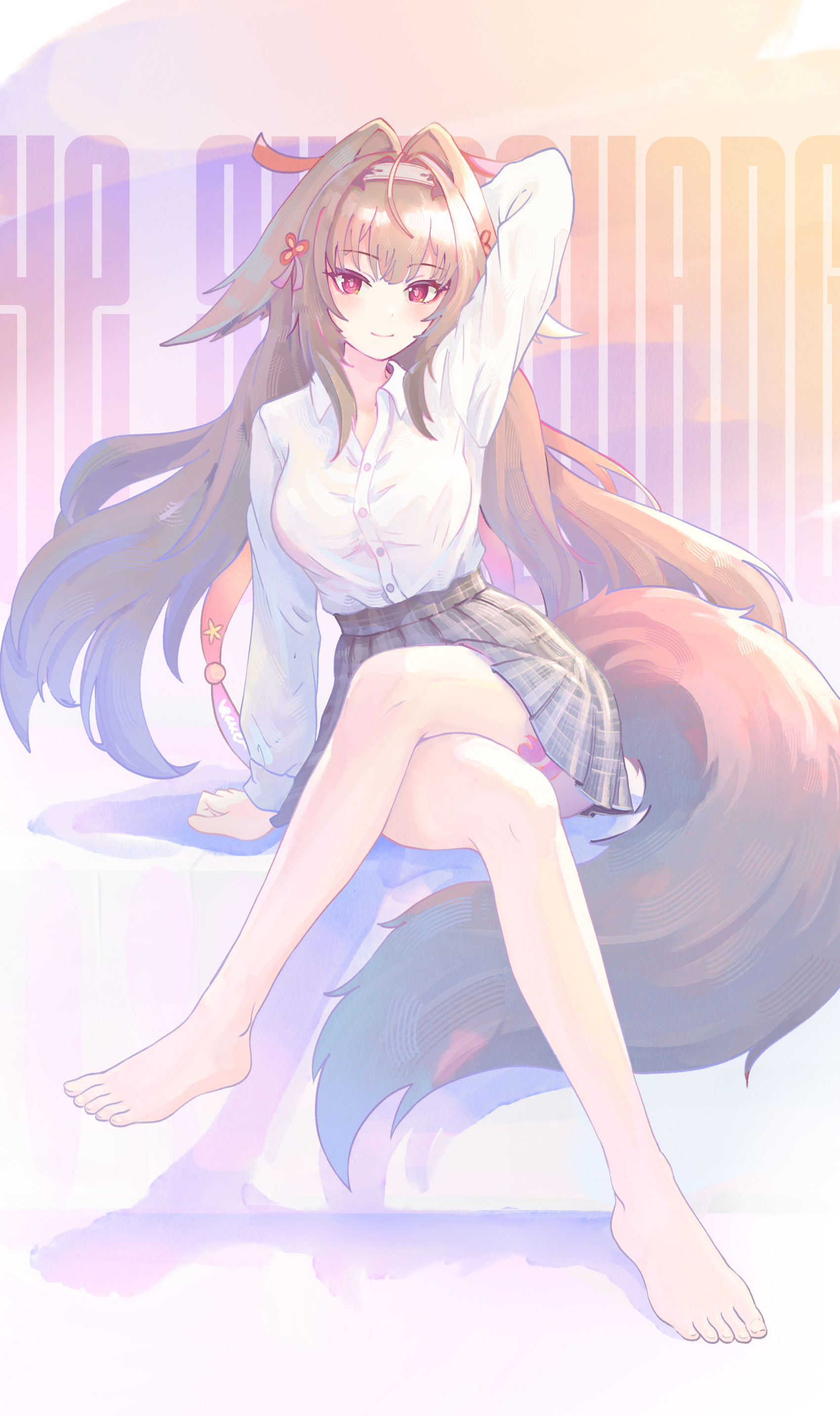 bytekun, ye shunguang, zenless zone zero, absurdres, commentary request, highres, 1girl, alternate costume, animal ear fluff, animal ears, arm support, arm up, barefoot, breasts, brown hair, brown tail, character name, closed mouth, clover, clover hair ornament, crossed legs, droopy ears, feet, full body, green skirt, hair ornament, hairband, leg tattoo, long hair, looking at viewer, medium breasts, plaid clothes, plaid skirt, red eyes, shadow, shirt, shirt tucked in, sitting, skirt, smile, solo, tail, tattoo, very long hair, white hairband, white shirt