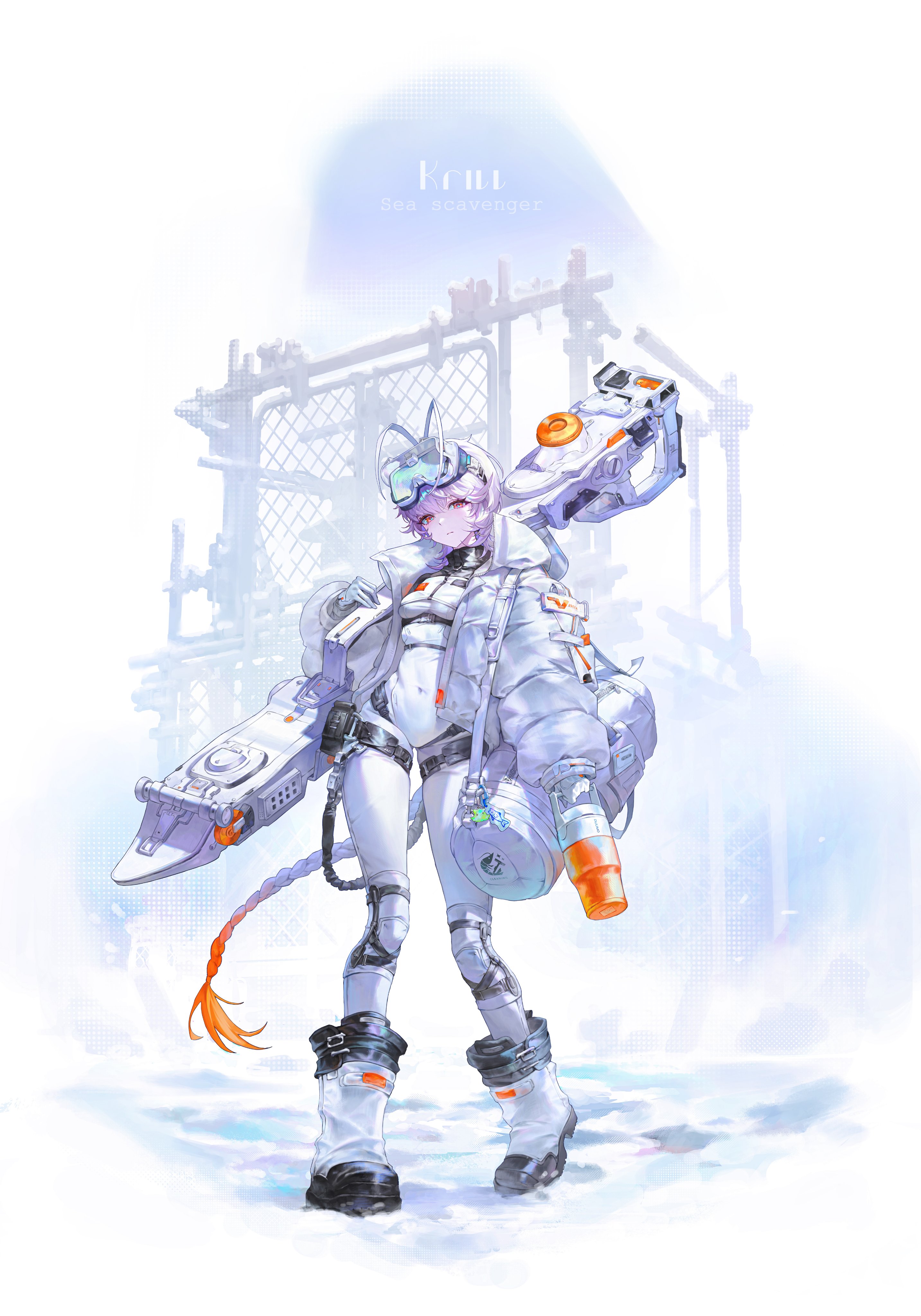 doksa, original, absurdres, commentary, english commentary, highres, 1girl, bodysuit, boots, breasts, covered navel, goggles, goggles on head, hair between eyes, jacket, looking at viewer, medium breasts, pink eyes, purple hair, short hair, solo, thighs, white background, white bodysuit, white jacket