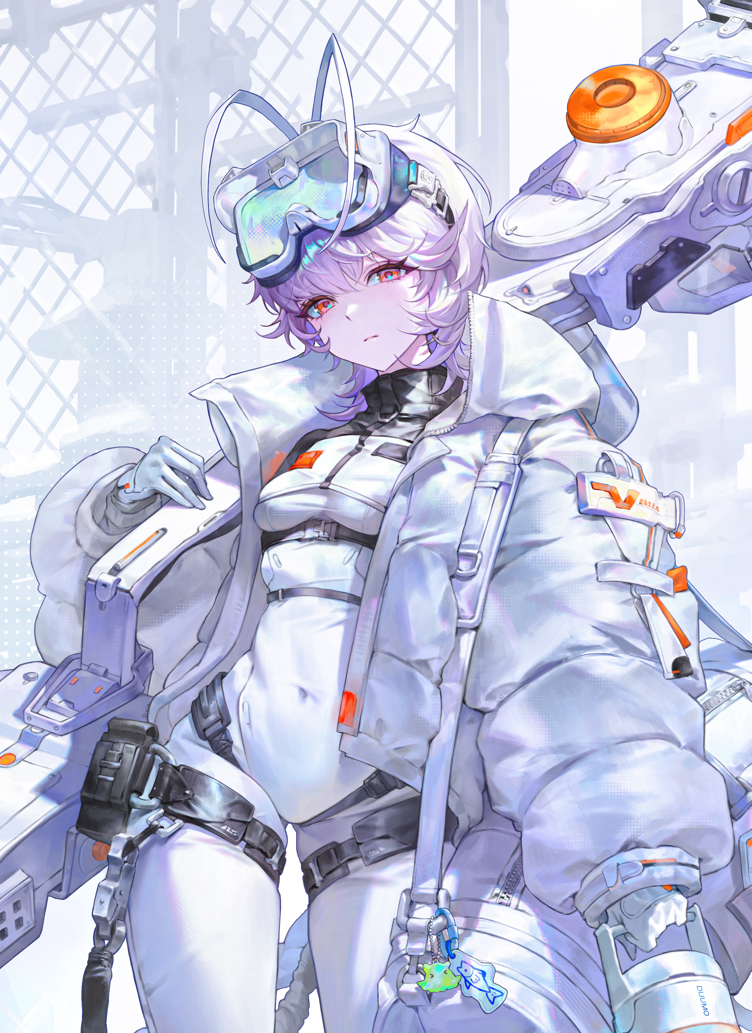 doksa, original, absurdres, commentary, english commentary, highres, 1girl, bodysuit, boots, breasts, covered navel, goggles, goggles on head, hair between eyes, jacket, looking at viewer, medium breasts, pink eyes, purple hair, short hair, solo, thighs, white bodysuit, white jacket