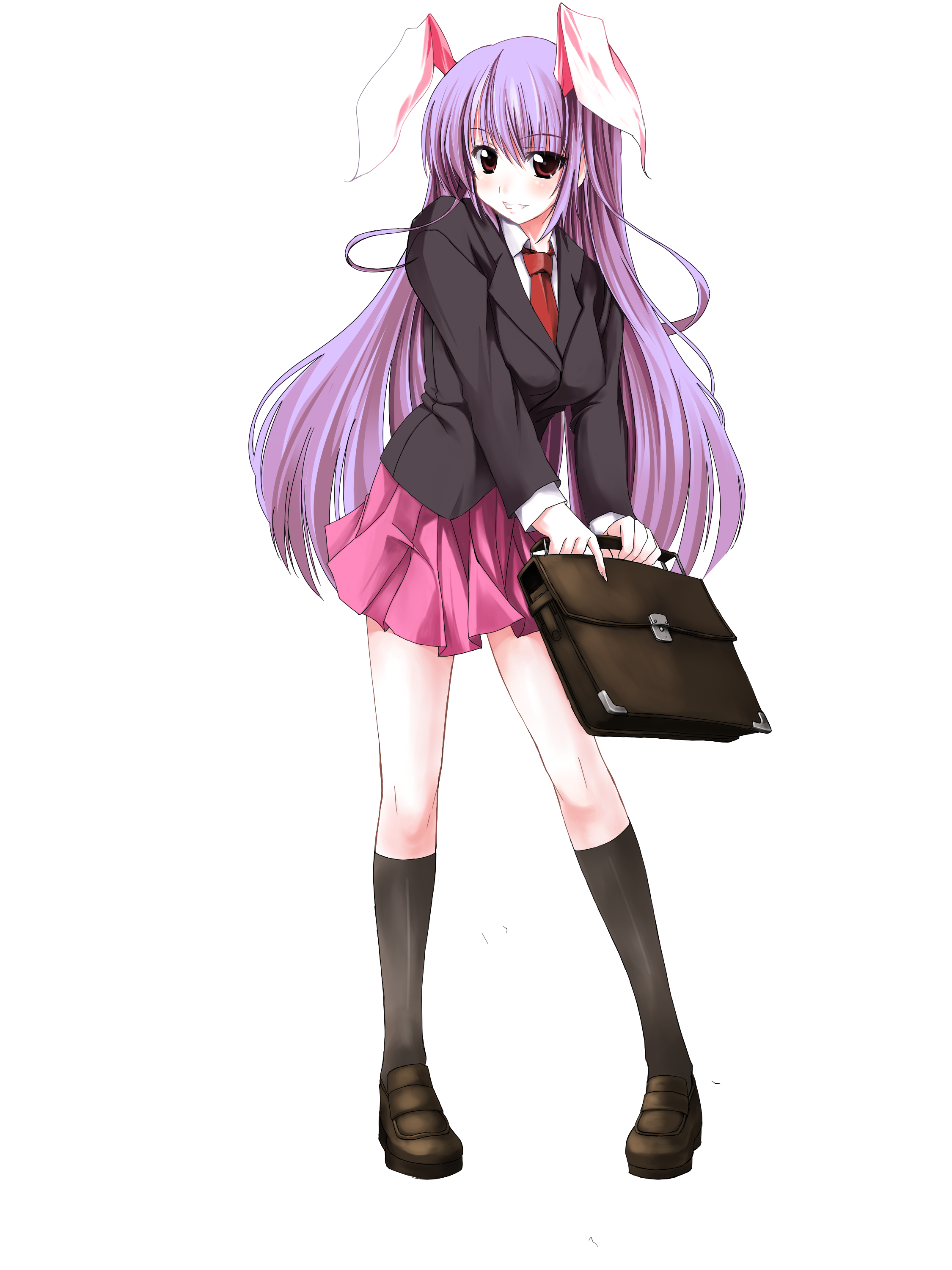 kurume shou, reisen udongein inaba, touhou, absurdres, bad id, bad pixiv id, highres, 1girl, animal ears, blazer, female focus, full body, jacket, necktie, purple hair, rabbit ears, red eyes, red necktie, solo, transparent background
