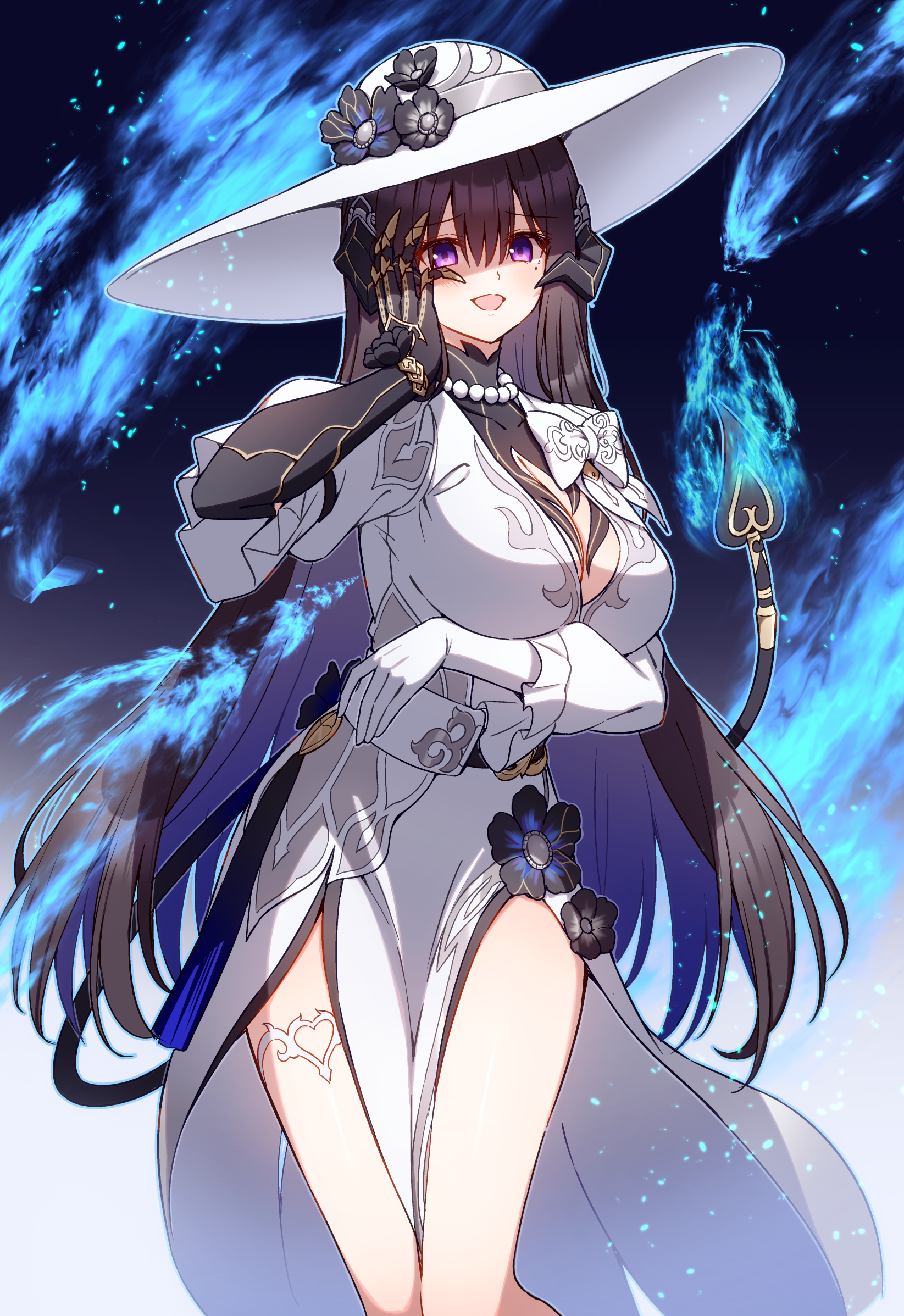 t@ke-g, the dahlia (honkai: star rail), honkai: star rail, honkai (series), commentary request, highres, 1girl, arm under breasts, asymmetrical gloves, black gloves, black hair, black horns, black tail, breasts, colored inner hair, demon tail, dress, feet out of frame, fire, flame-tipped tail, gloves, hand on own face, hat, horns, large breasts, long hair, looking at viewer, mismatched gloves, multicolored hair, open mouth, purple eyes, purple hair, smile, solo, tail, very long hair, white dress, white gloves, white hat