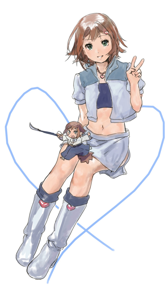 umishima senbon, kinoshita hideyoshi, baka to test to shoukanjuu, bad id, bad pixiv id, highres, 1boy, boots, chibi, crossdressing, crossdressing (mtf), heart, jewelry, male focus, midriff, necklace, polearm, skirt, solo, spear, trap, v, weapon