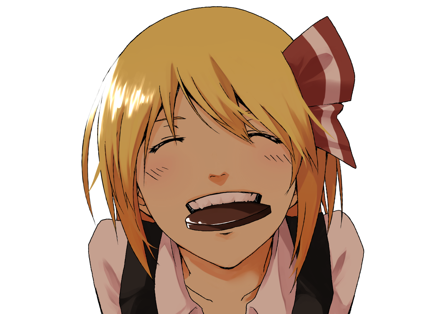 haruba negi, shiro negi, rumia, embodiment of scarlet devil, touhou, 1girl, ^ ^, blonde hair, chocolate, closed eyes, dress shirt, feeding, female focus, grin, hair ribbon, happy, incoming food, mouth hold, pov feeding, ribbon, shared food, sharing food, shirt, smile, solo, valentine, white background