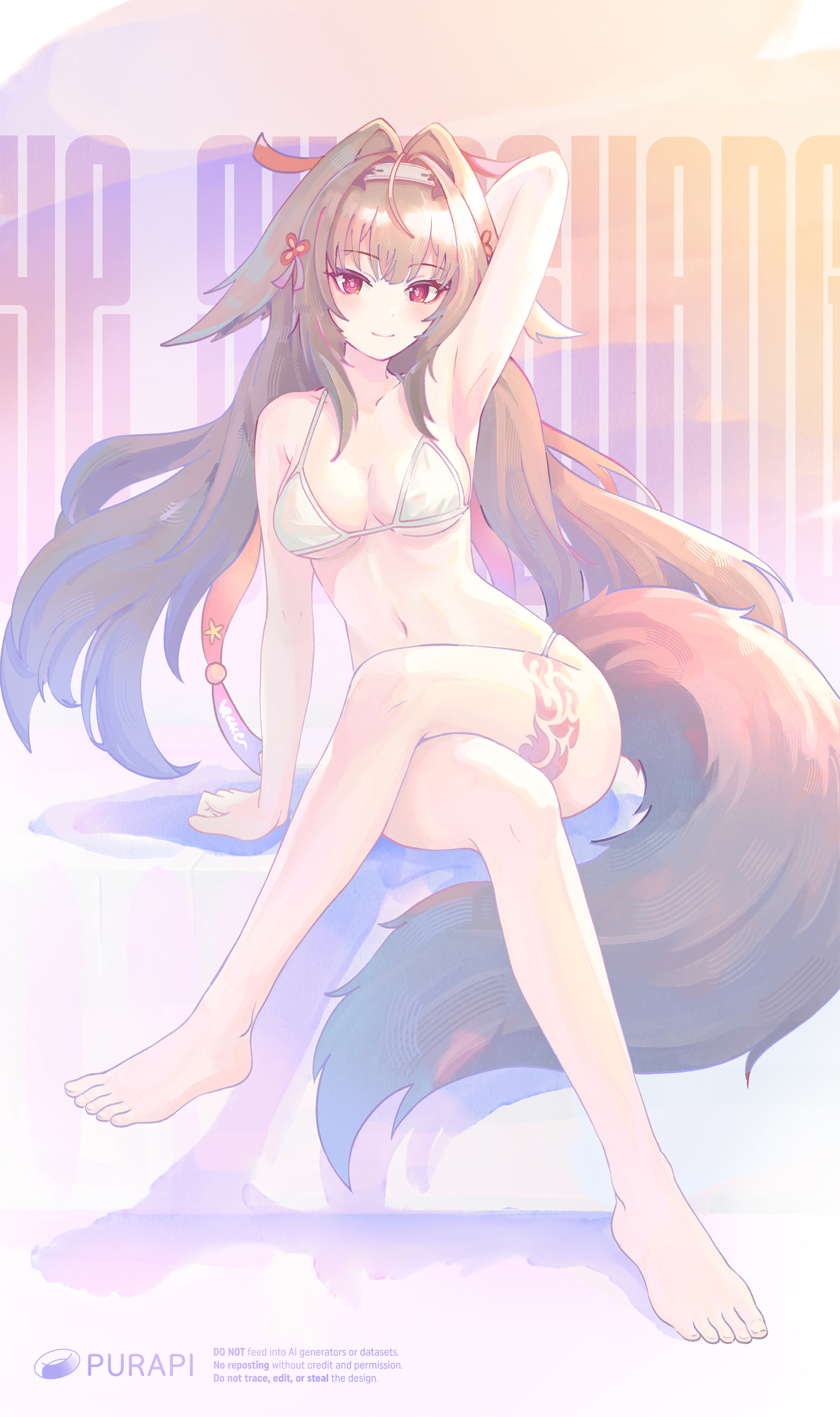 bytekun, ye shunguang, zenless zone zero, absurdres, commentary request, highres, 1girl, alternate costume, animal ear fluff, animal ears, arm support, arm up, armpits, artist name, barefoot, bikini, breasts, brown hair, brown tail, character name, closed mouth, clover, clover hair ornament, collarbone, crossed legs, droopy ears, feet, full body, hair ornament, hairband, leg tattoo, long hair, looking at viewer, medium breasts, navel, red eyes, shadow, sitting, skirt, smile, solo, stomach, swimsuit, tail, tattoo, very long hair, white bikini, white hairband