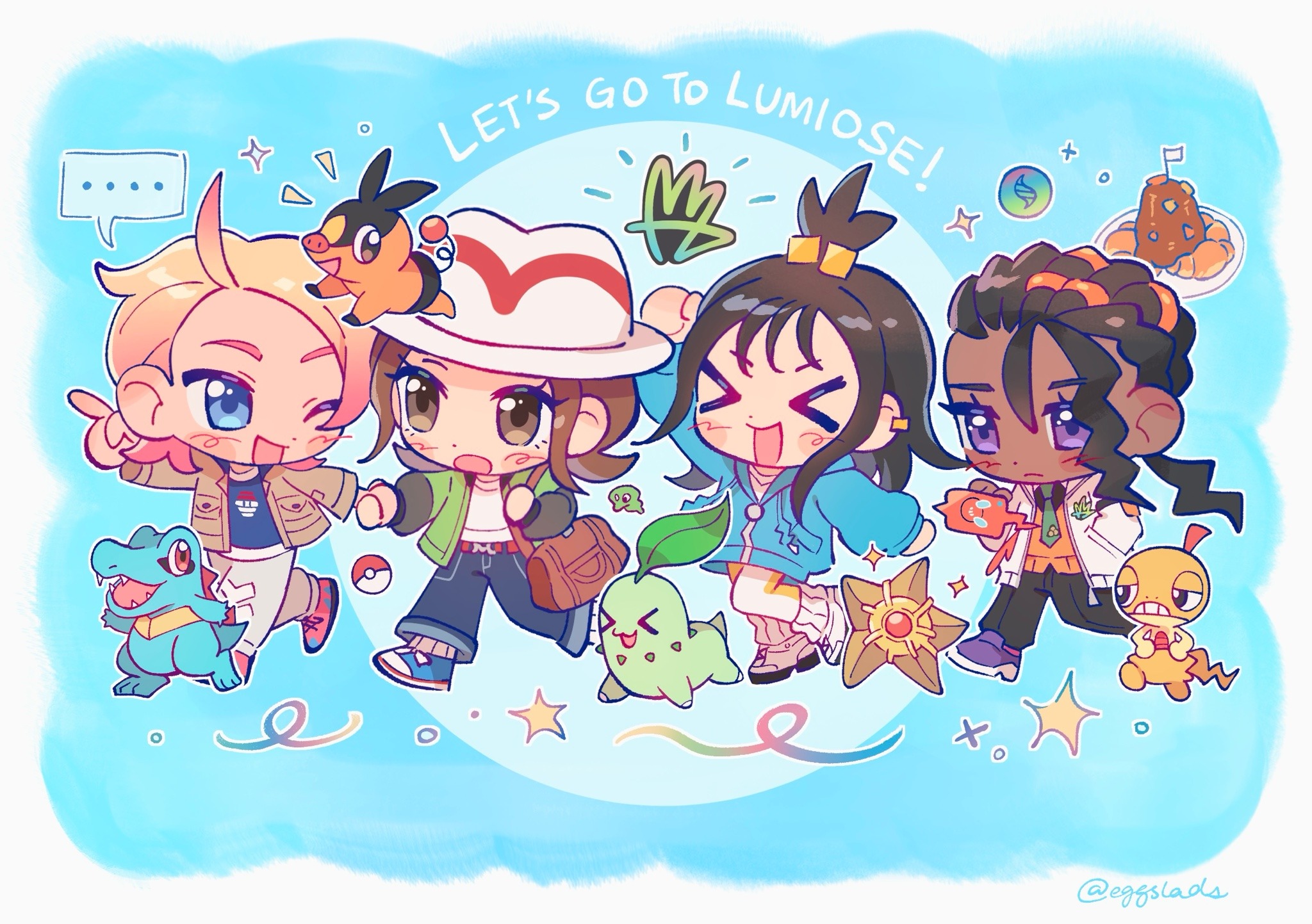 chikorita, harmony (pokemon), lida (pokemon), naveen (pokemon), rotom, rotom phone, scraggy, staryu, tepig, totodile, urbain (pokemon), zygarde, zygarde core, nintendo, pokemon, pokemon legends: z-a, highres, > <, …, 2boys, 2girls, :3, :d, :o, :|, ahoge, arm up, bangs pinned back, beads, belt, black hair, black pants, black sleeves, blonde hair, blue background, blue eyes, blue jacket, blue shirt, blue shoes, blush stickers, brown eyes, brown hair, brown jacket, chibi, closed mouth, colored tips, curtained hair, dark skin, denim, dreadlocks, earrings, eggslads, english text, eyelashes, gen 1 pokemon, gen 2 pokemon, gen 4 pokemon, gen 5 pokemon, gen 6 pokemon, gold earrings, green jacket, green necktie, hair beads, hair ornament, hair slicked back, hand grab, hand in pocket, hat, holding, holding phone, jacket, jeans, jewelry, leg warmers, legendary pokemon, leggings, long hair, long sleeves, looking at another, looking at phone, loose hair strand, medium hair, mega evolution symbol, multicolored hair, multiple boys, multiple girls, necktie, notice lines, one eye closed, open mouth, orange sweater vest, pants, phone, pink hair, pink shoes, pointing, poke ball print, poke ball symbol, pokemon (creature), ponytail, puffy long sleeves, puffy sleeves, purple eyes, purple shoes, raglan sleeves, red belt, shirt, shoes, single earring, smile, sneakers, socks, sparkle, speech bubble, star (symbol), sweater vest, swept bangs, thick eyebrows, trilby, v-shaped eyebrows, very dark skin, walking, white hat, white jacket, white leg warmers, white leggings, white pants, white shirt, white shoes, white socks, white trim, wispy bangs, x3, xd