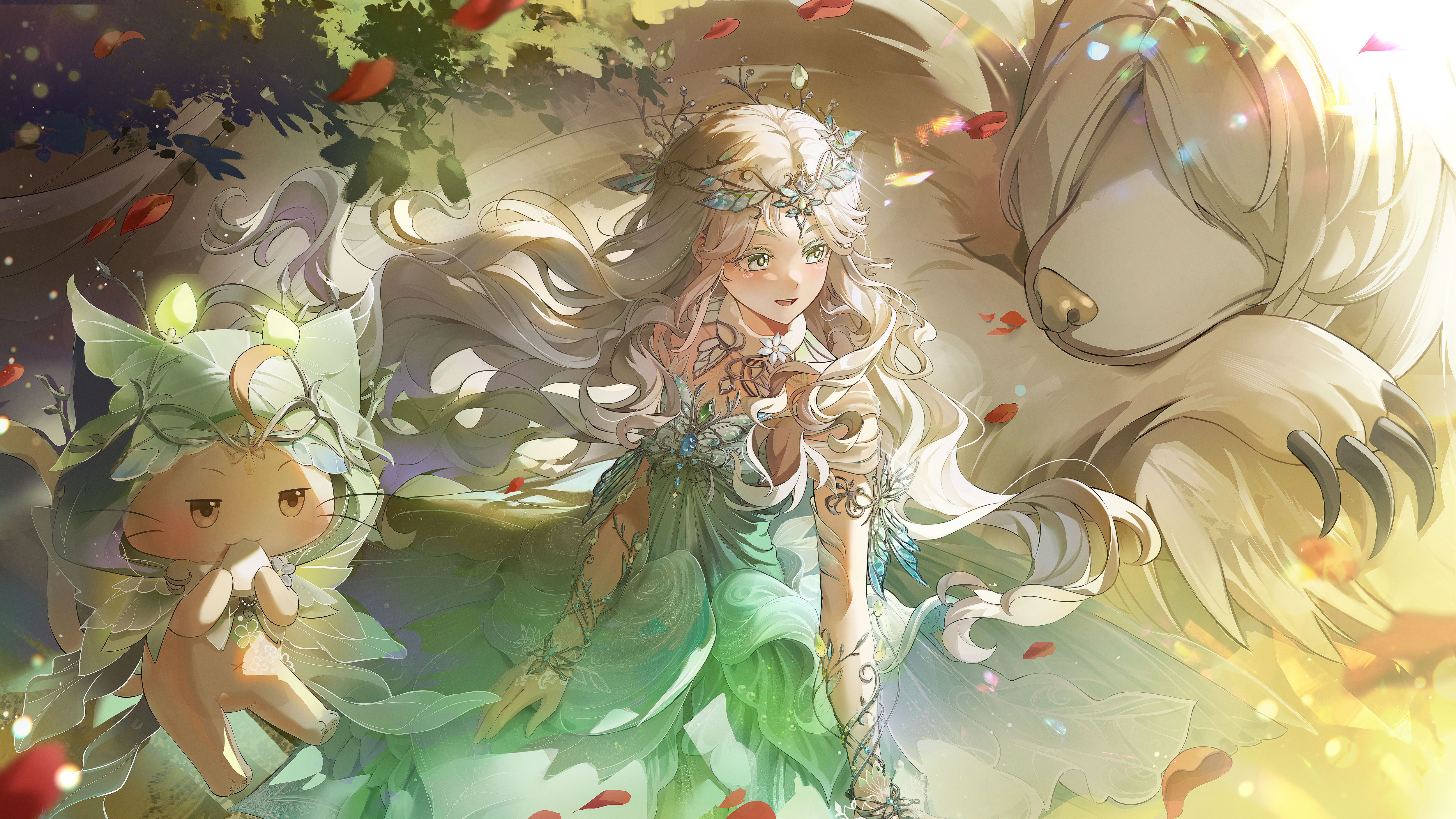 datsha, nikki (nikki), infinity nikki, nikki (series), absurdres, character request, check character, commentary, english commentary, highres, 1girl, bare shoulders, breasts, colored eyelashes, dress, eating, from above, green dress, grey hair, guest art, long dress, long hair, looking at animal, looking to the side, open mouth, petals, red petals, sidelocks, sitting, small breasts, smile, turning head