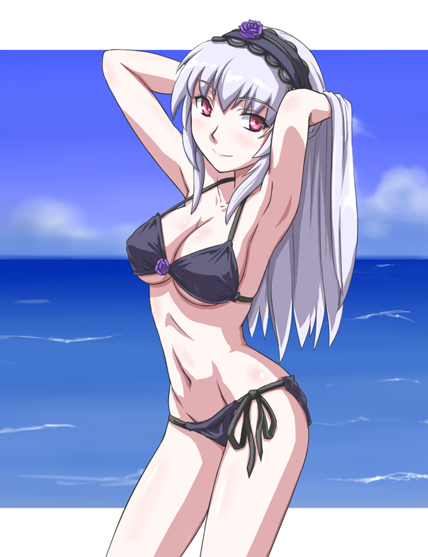 kurai (cry), suigintou, rozen maiden, silver hair, 00s, bikini, hairband, long hair, red eyes, solo, swimsuit