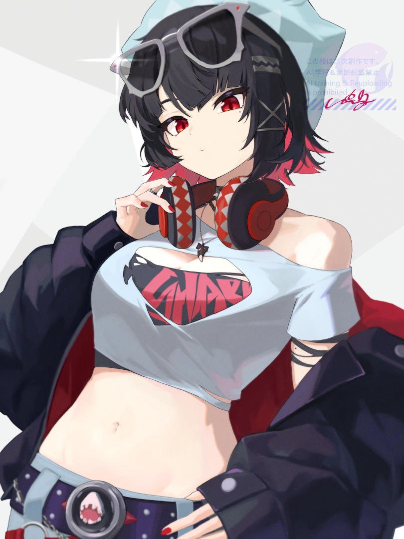 uixy, ellen joe, zenless zone zero, commentary request, 1girl, adjusting headphones, alternate costume, beanie, belt, black hair, black jacket, black tube top, blue hat, breast cutout, breasts, cleavage cutout, closed mouth, clothing cutout, colored inner hair, crop top, eyewear on head, grey background, hand on own hip, hat, headphones, headphones around neck, jacket, large breasts, looking at viewer, midriff, mole, mole under eye, multicolored hair, navel, open clothes, razor blade hair ornament, red eyes, red nails, shark girl, shirt, short hair, simple background, single bare shoulder, solo, sparkle, strapless, sunglasses, torn clothes, torn tube top, tube top, upper body, white-framed eyewear, white background, white shirt